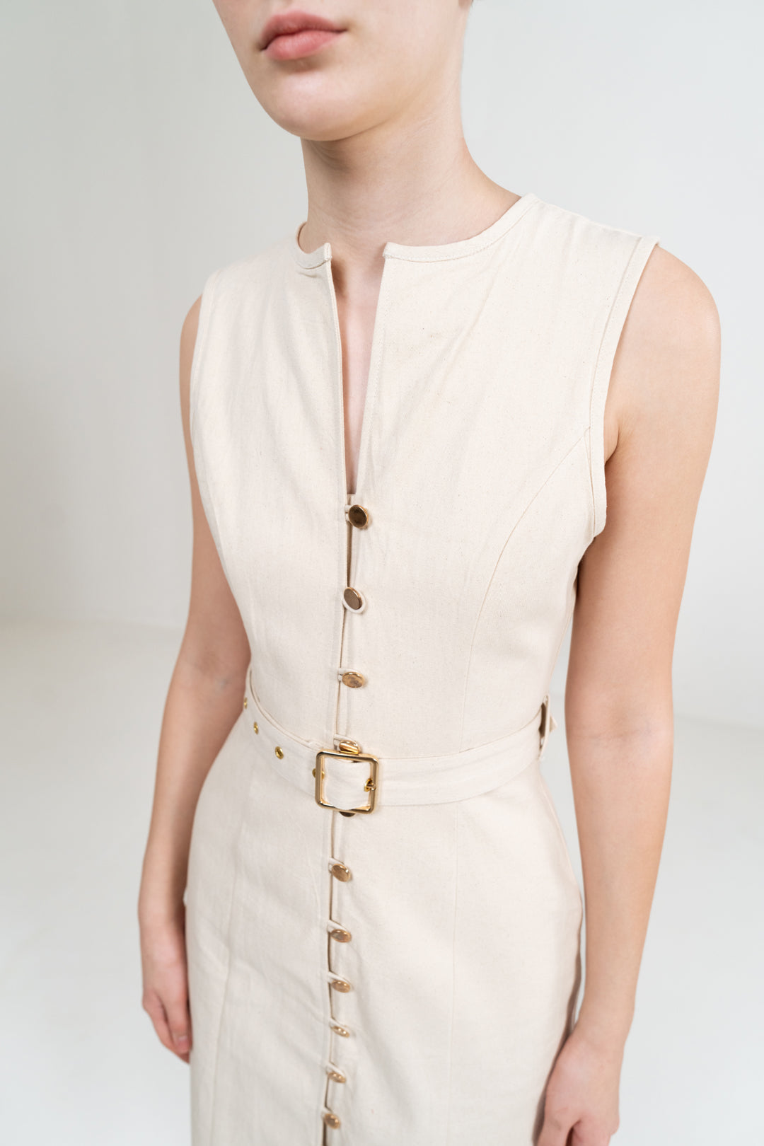 A-LINE BUTTON UP BEIGE DRESS WITH BELT