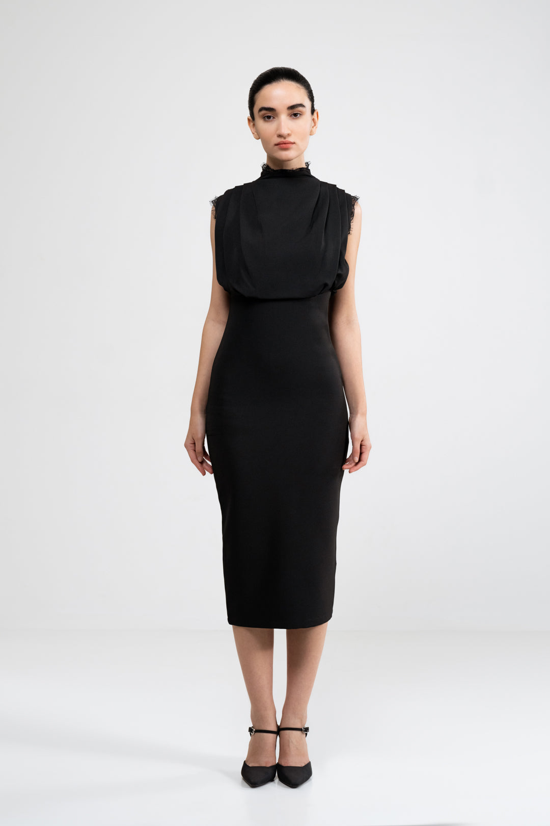 BLACK COWL DRAPED FITTED DRESS