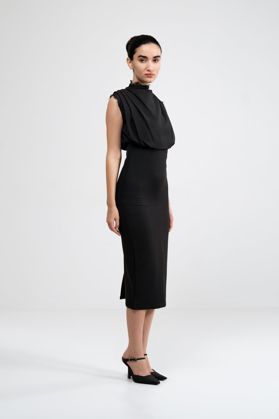 BLACK COWL DRAPED FITTED DRESS