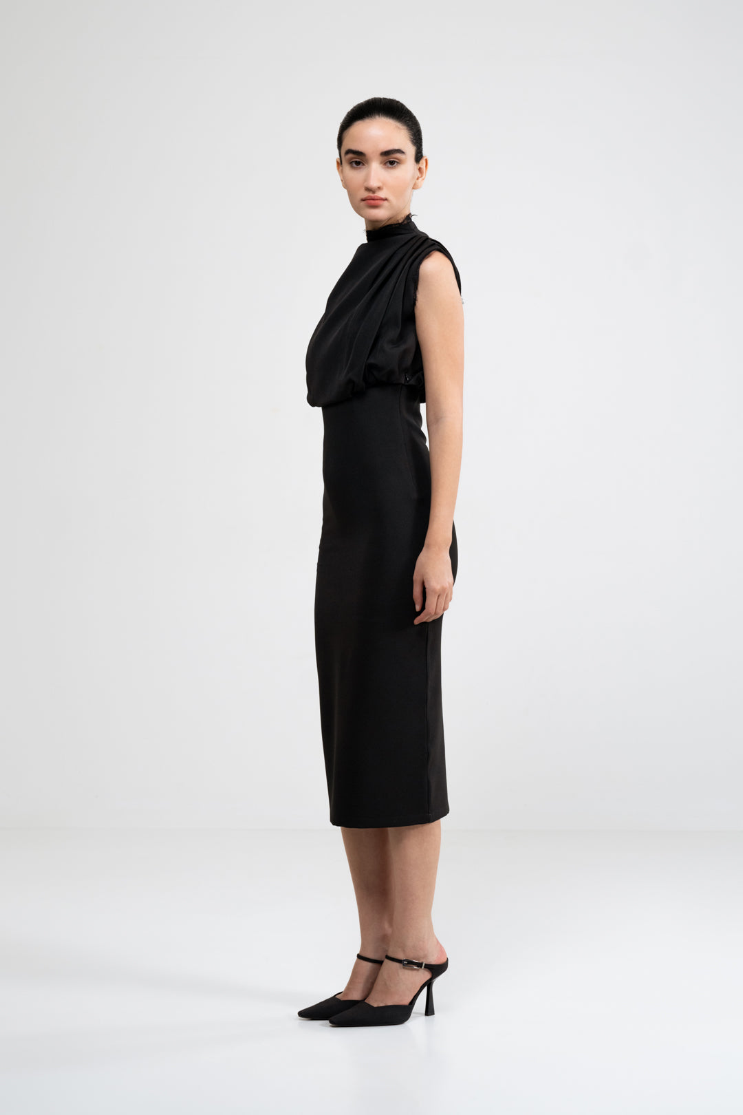 BLACK COWL DRAPED FITTED DRESS