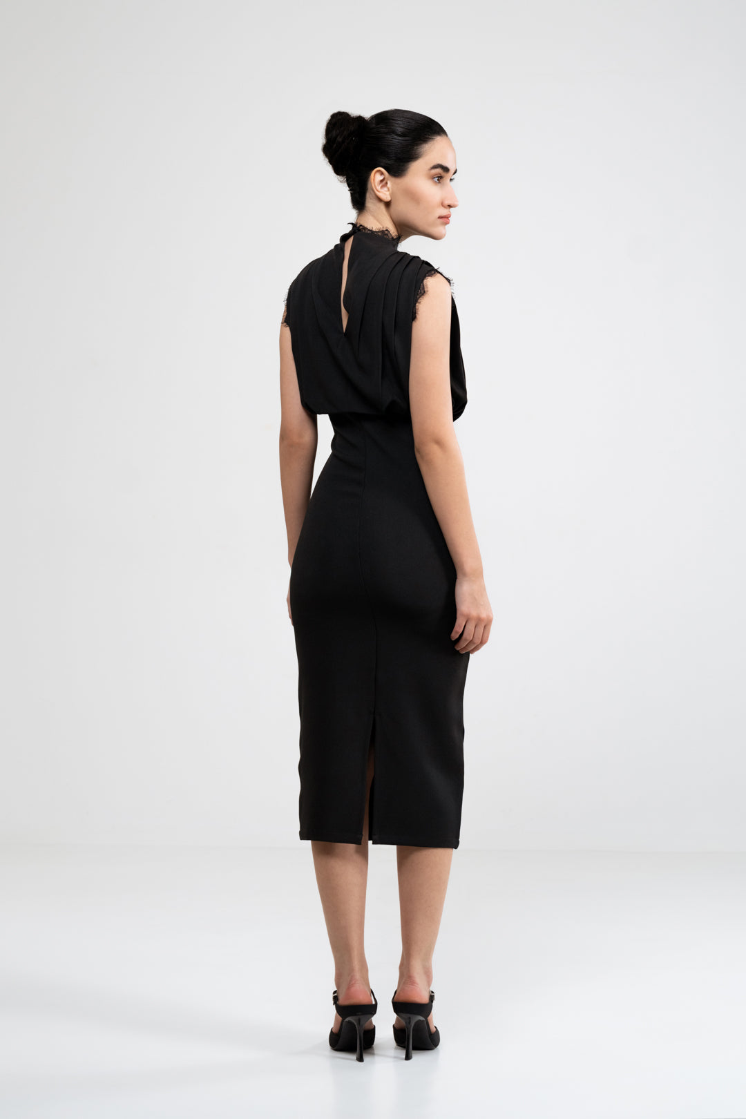 BLACK COWL DRAPED FITTED DRESS