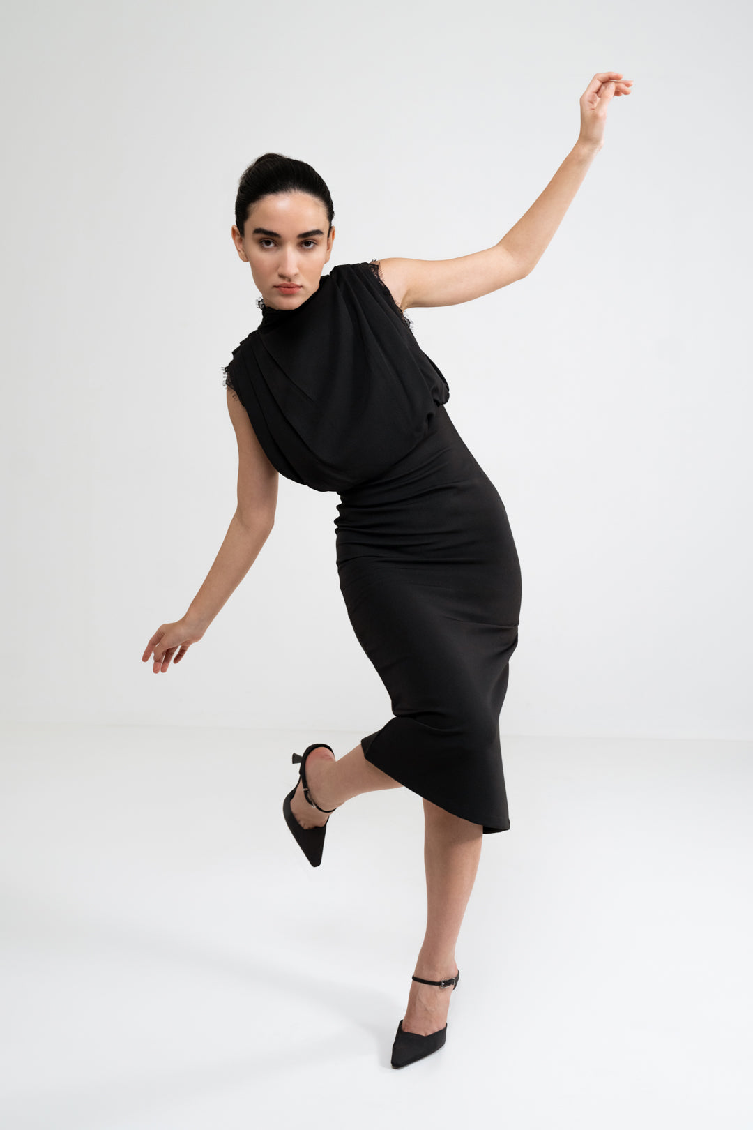 BLACK COWL DRAPED FITTED DRESS