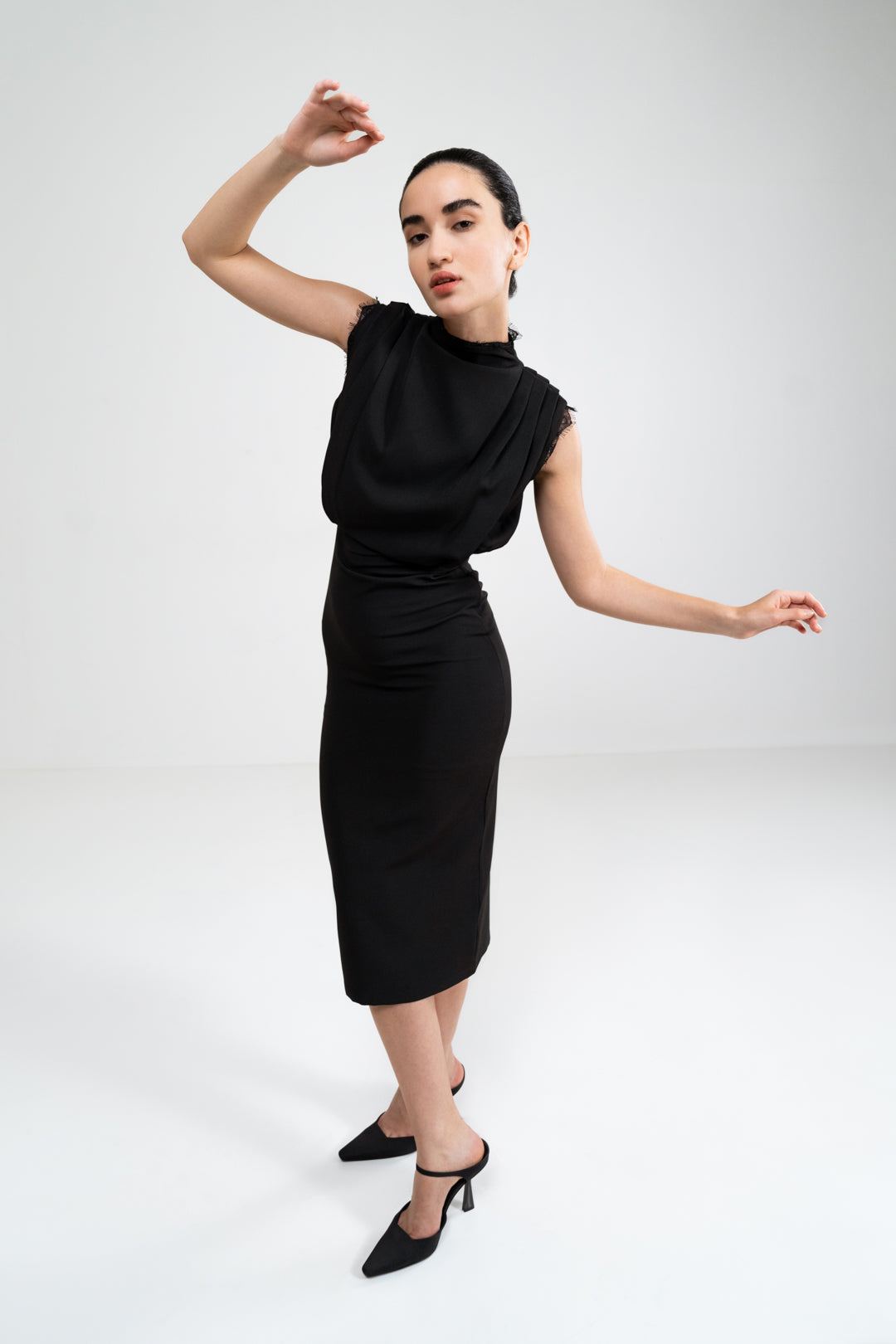 BLACK COWL DRAPED FITTED DRESS