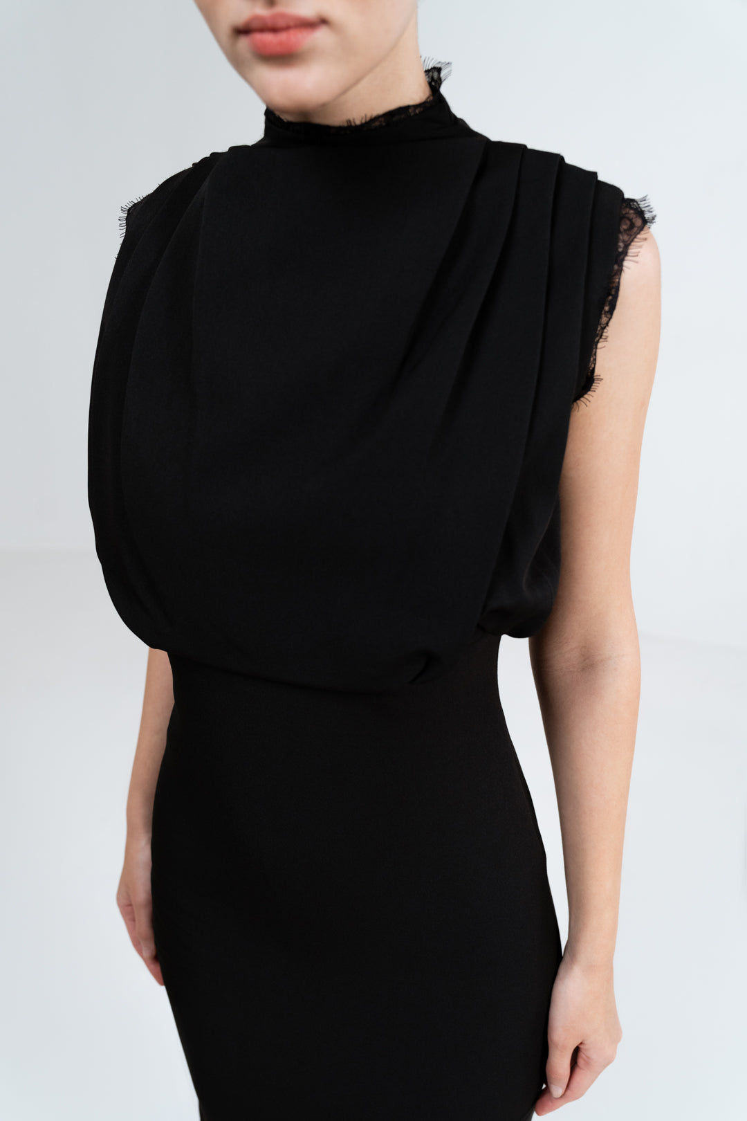 BLACK COWL DRAPED FITTED DRESS