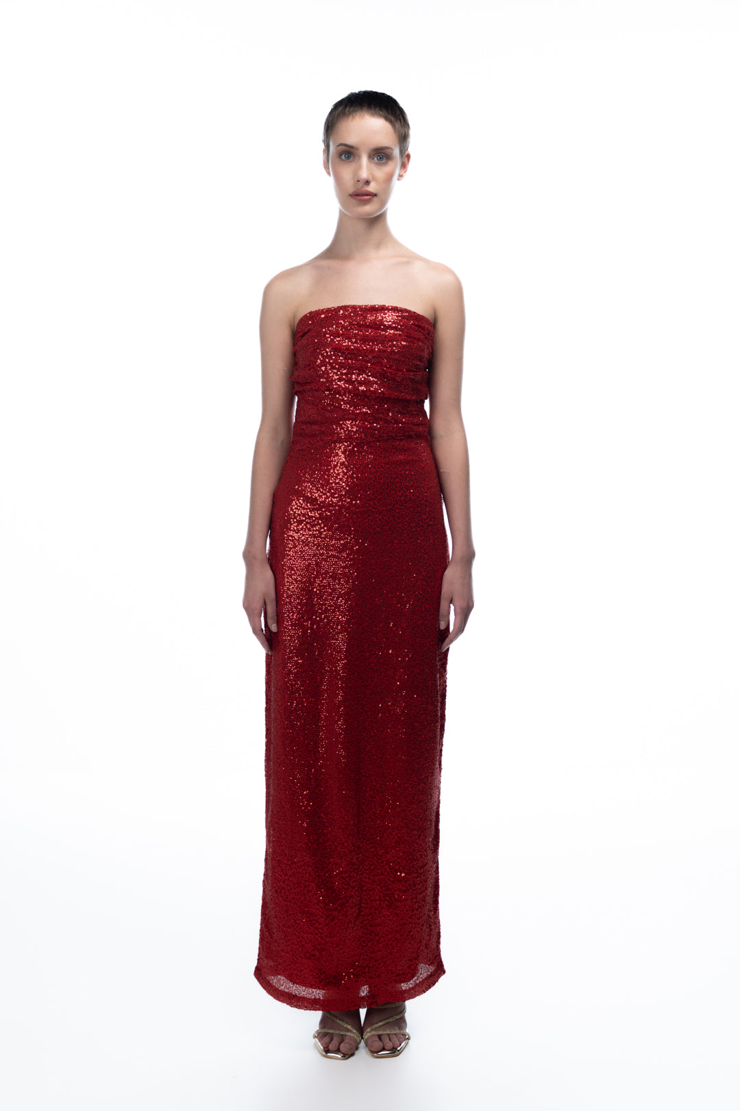 RED SEQUIN STRAPLESS DRESS