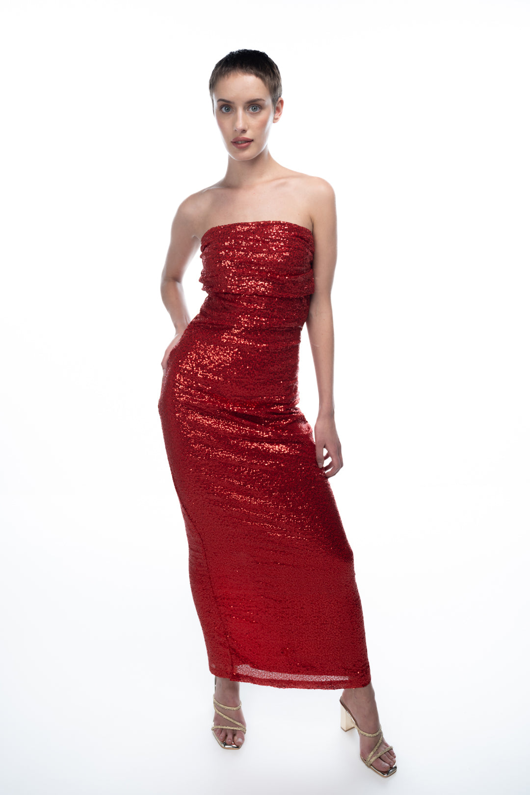 RED SEQUIN STRAPLESS DRESS