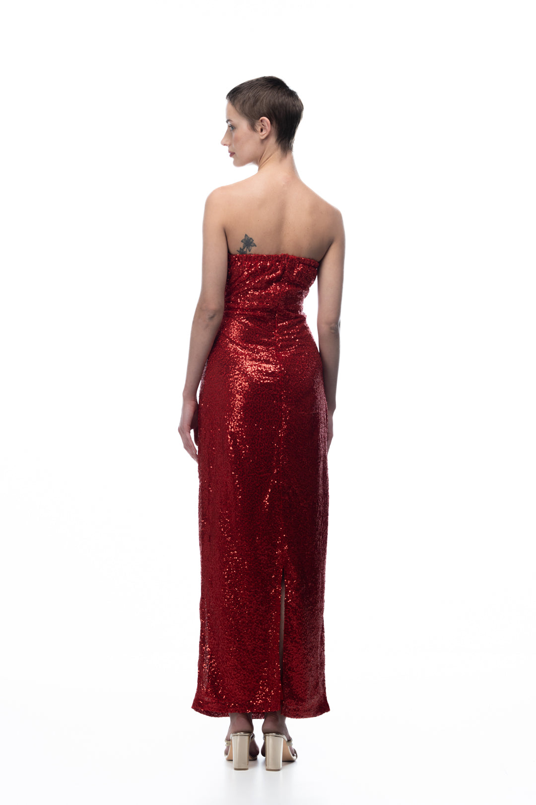 RED SEQUIN STRAPLESS DRESS