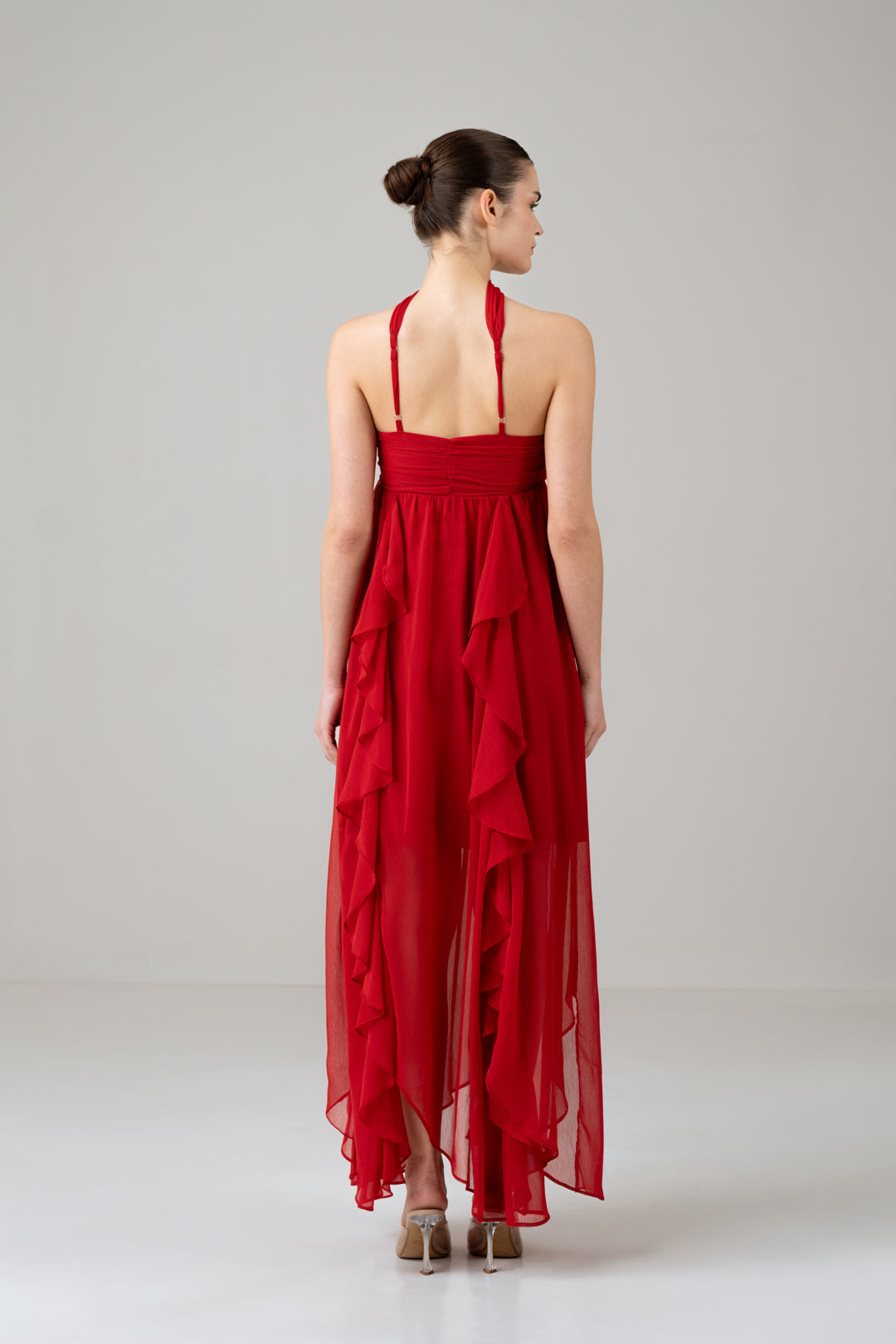 RED RUFFLE TUBE DRESS WITH ROSE DETAIL