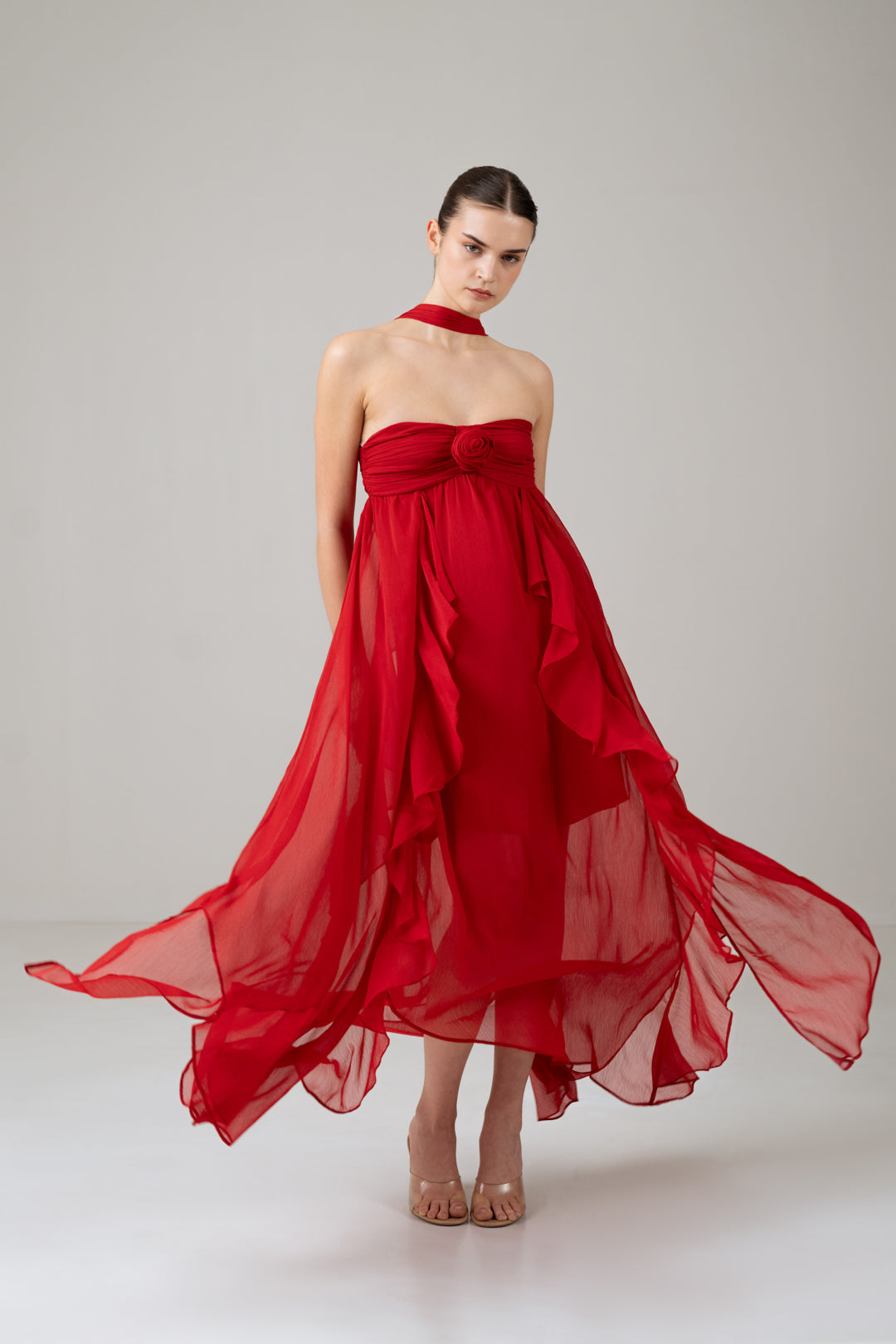 RED RUFFLE TUBE DRESS WITH ROSE DETAIL