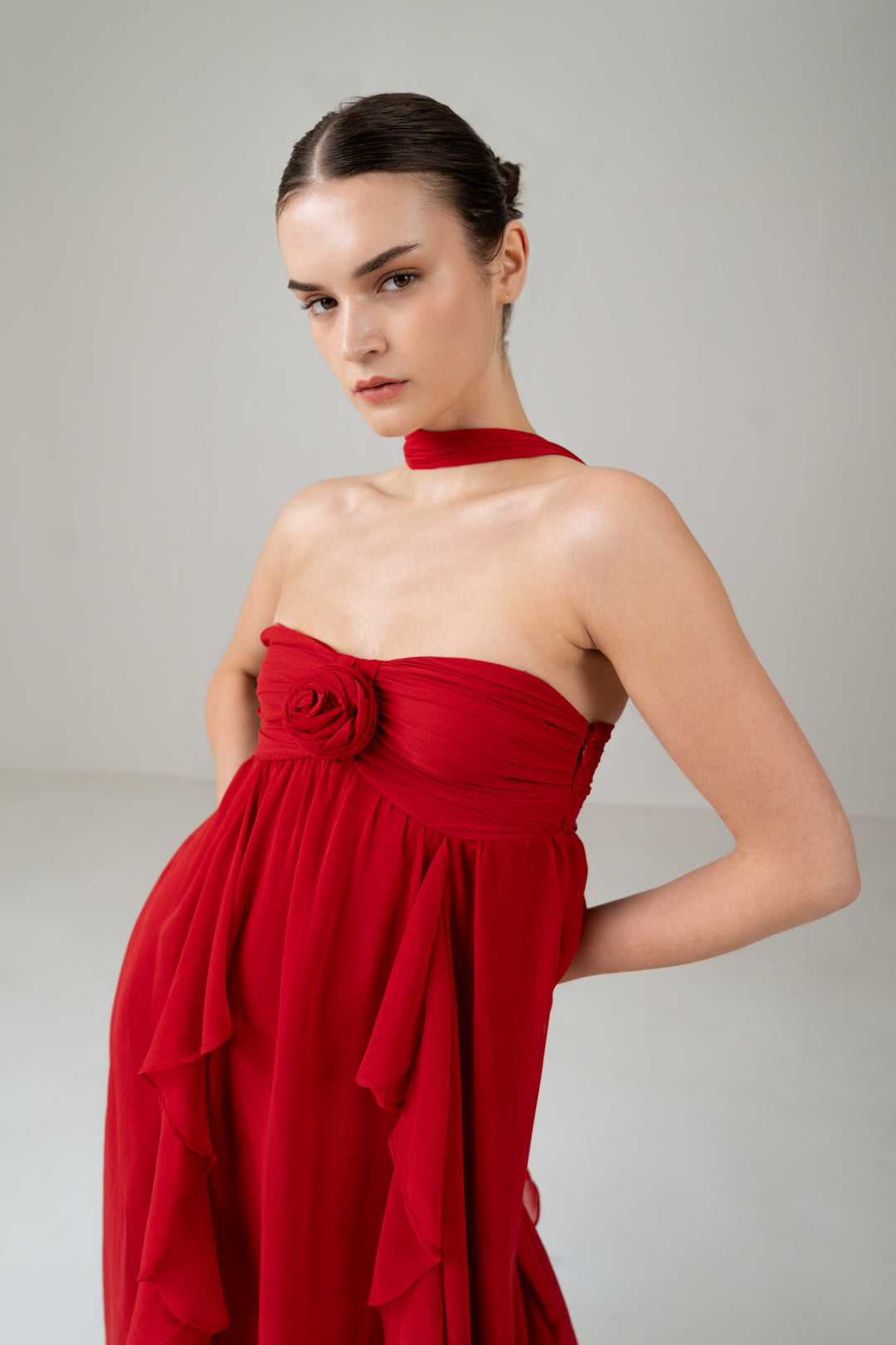 RED RUFFLE TUBE DRESS WITH ROSE DETAIL