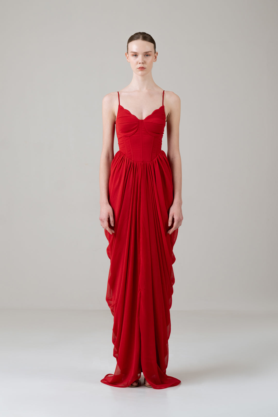 RED SCALLOP BUSTIER CORSET DRAPED DRESS