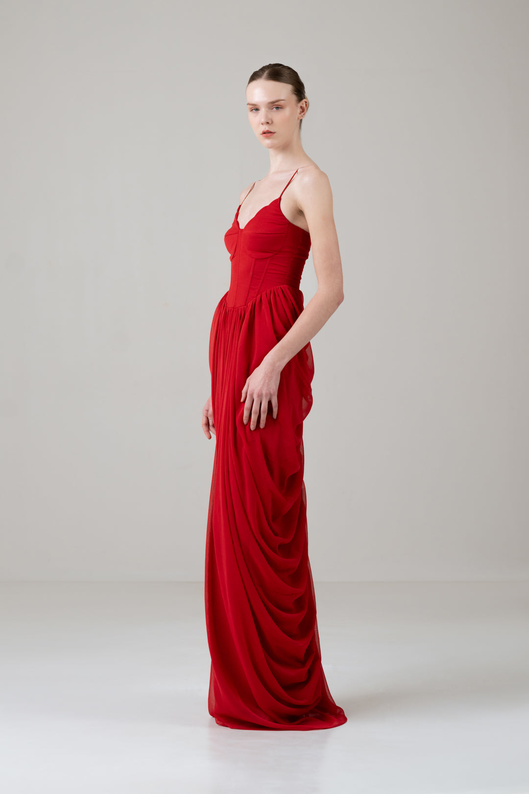 RED SCALLOP BUSTIER CORSET DRAPED DRESS