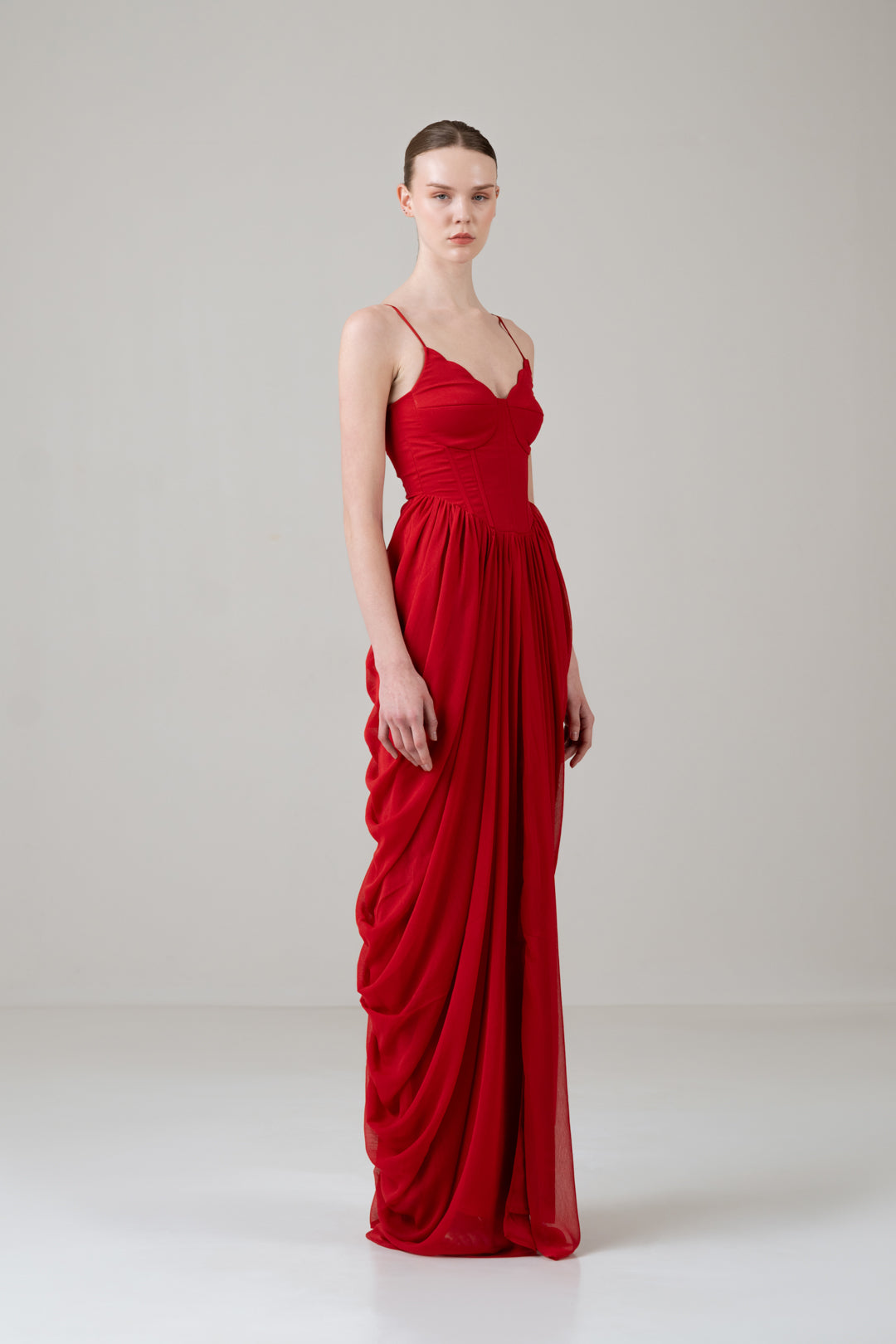 RED SCALLOP BUSTIER CORSET DRAPED DRESS