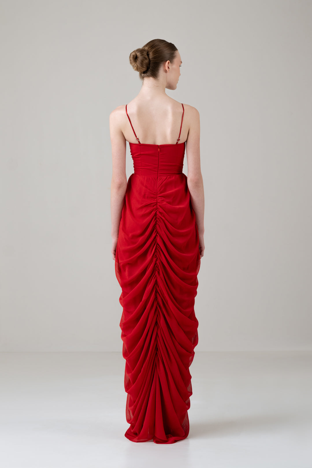 RED SCALLOP BUSTIER CORSET DRAPED DRESS