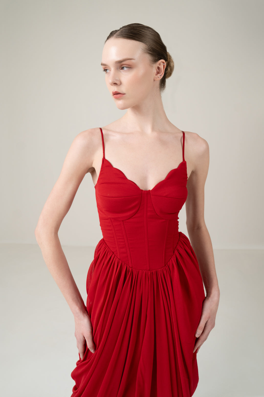 RED SCALLOP BUSTIER CORSET DRAPED DRESS