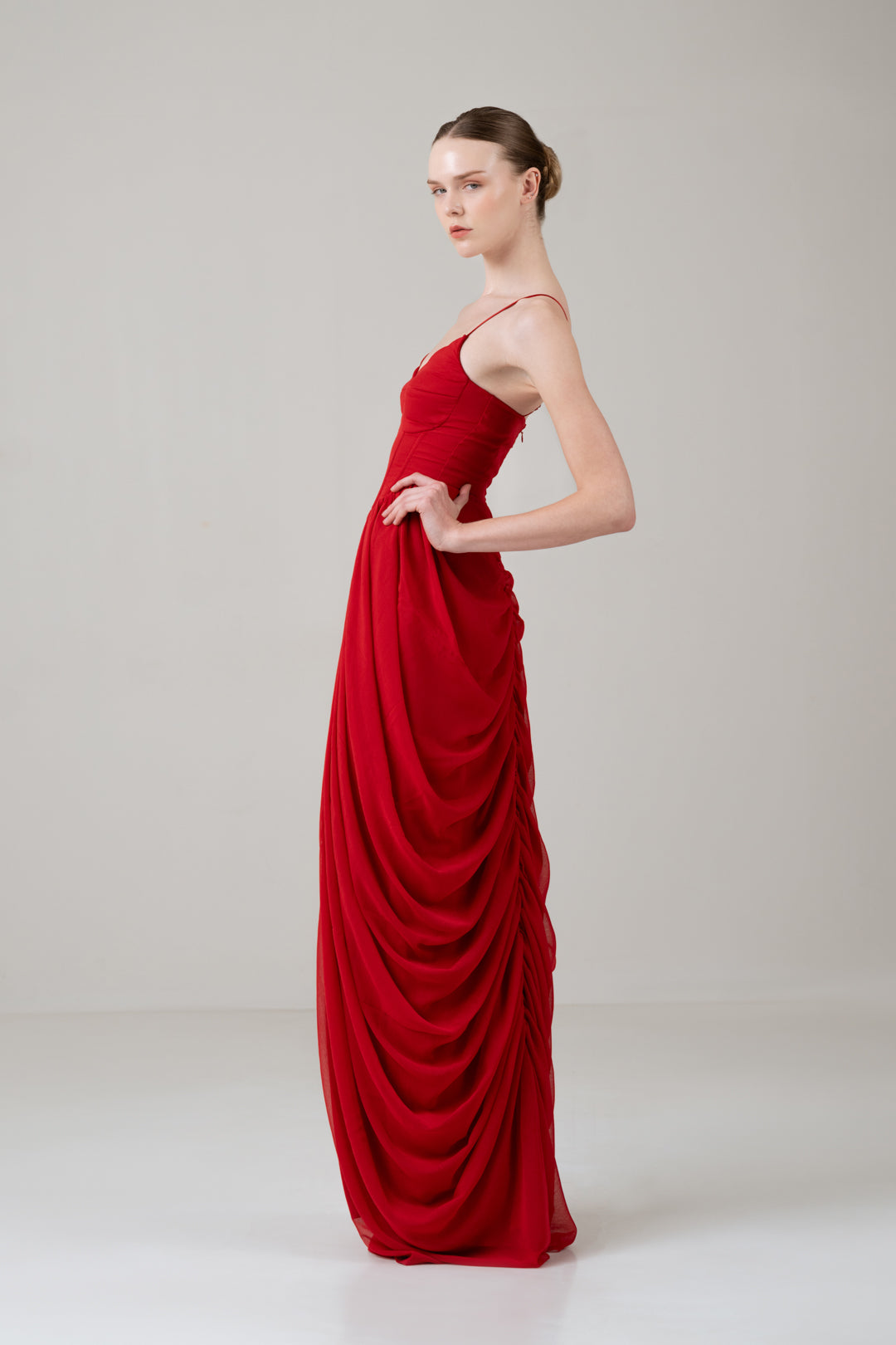 RED SCALLOP BUSTIER CORSET DRAPED DRESS