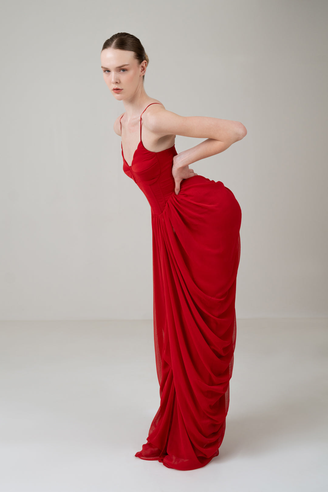 RED SCALLOP BUSTIER CORSET DRAPED DRESS