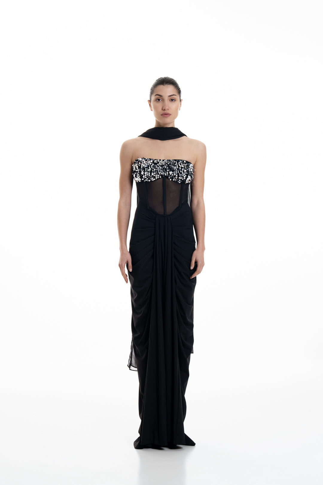 MIDNIGHT CORSETED DRAPE DRESS WITH NECK DRAPE