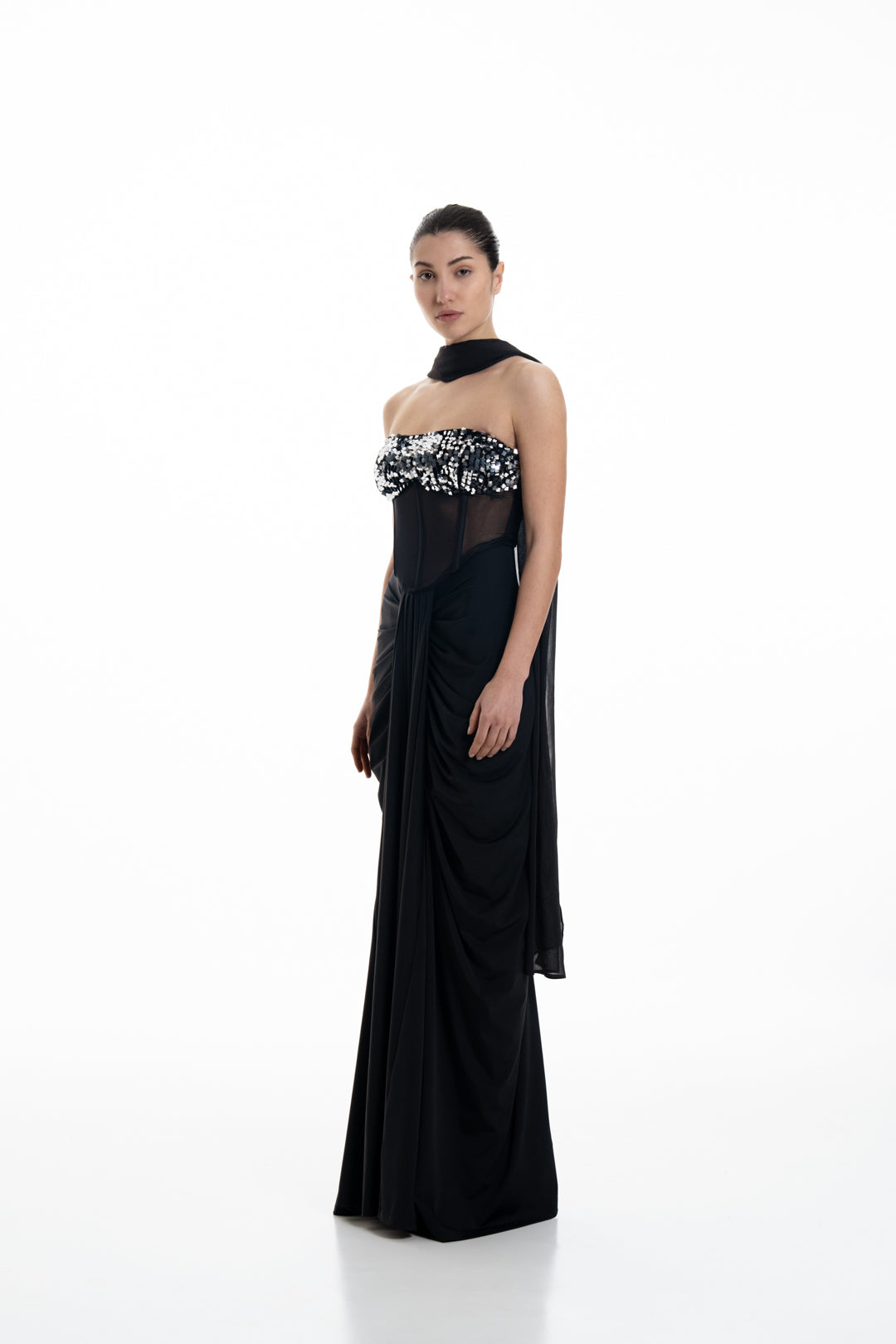 MIDNIGHT CORSETED DRAPE DRESS WITH NECK DRAPE