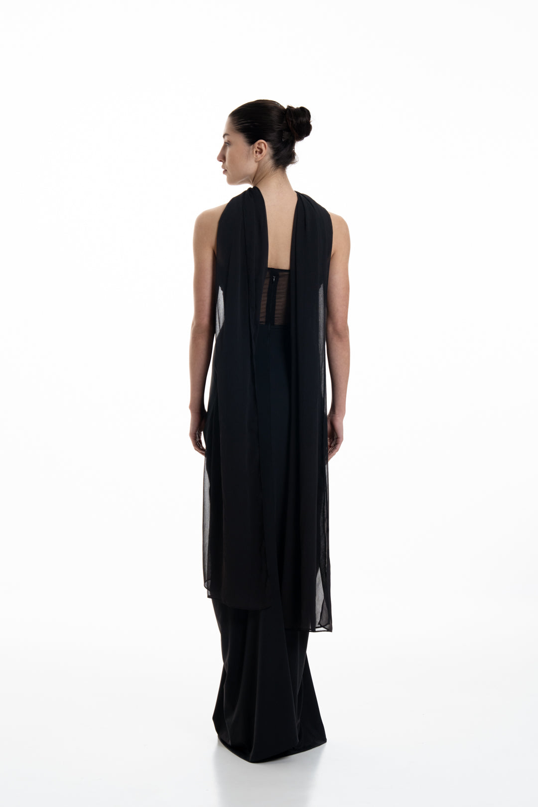 MIDNIGHT CORSETED DRAPE DRESS WITH NECK DRAPE