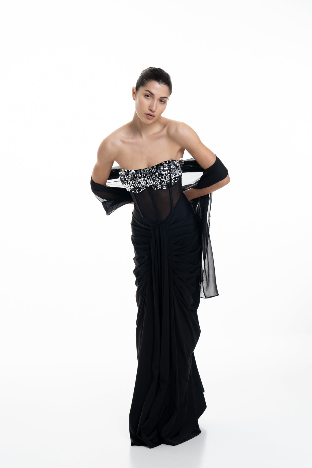 MIDNIGHT CORSETED DRAPE DRESS WITH NECK DRAPE