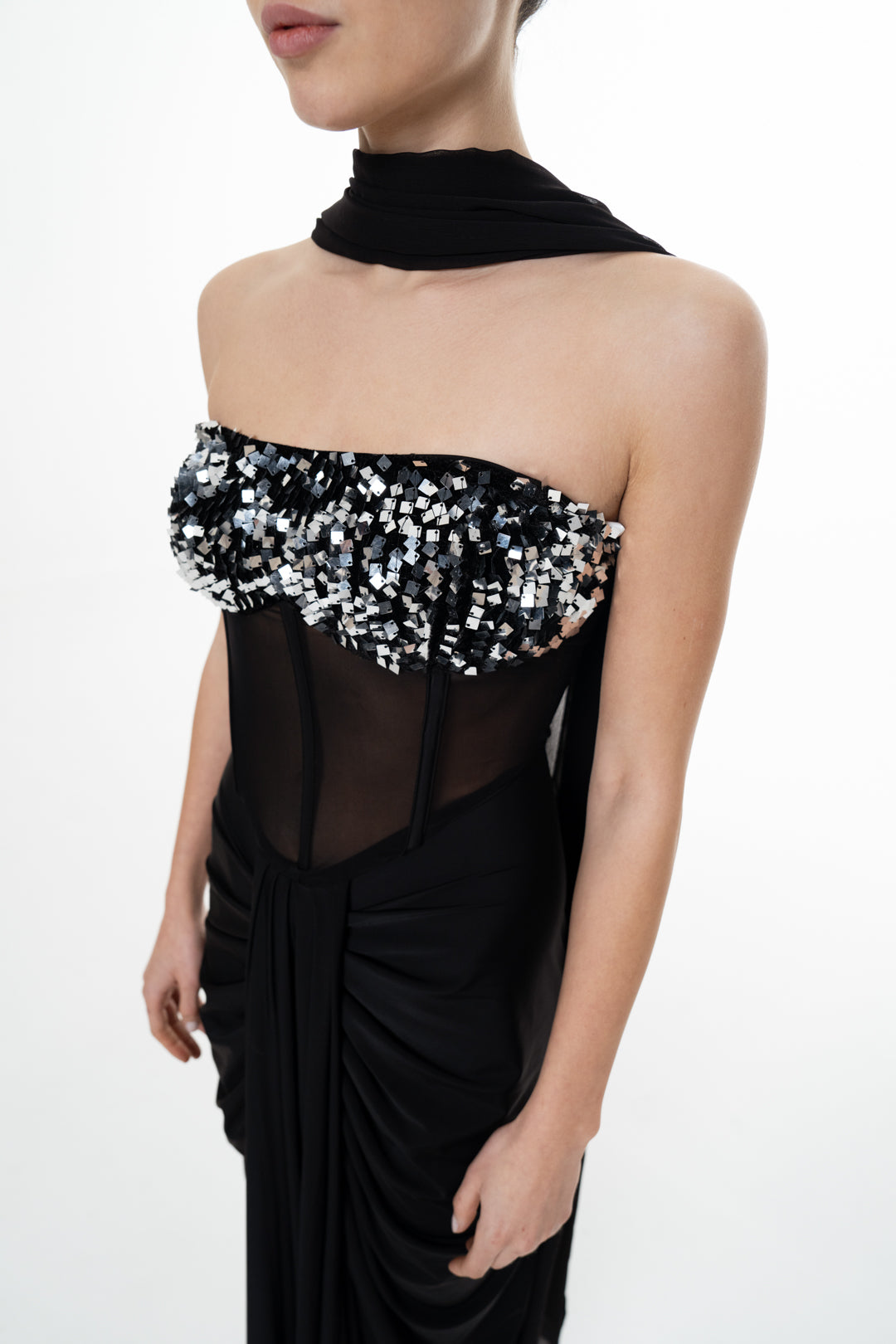 MIDNIGHT CORSETED DRAPE DRESS WITH NECK DRAPE