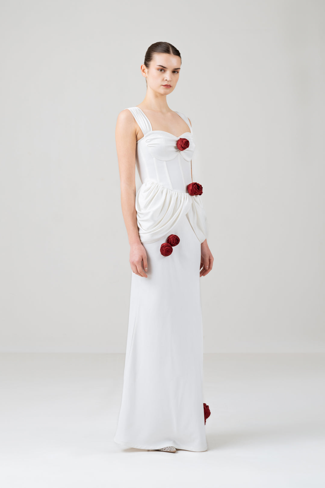 DREAMY WHITE SATIN CORSET DRESS WITH ROSE DETAIL