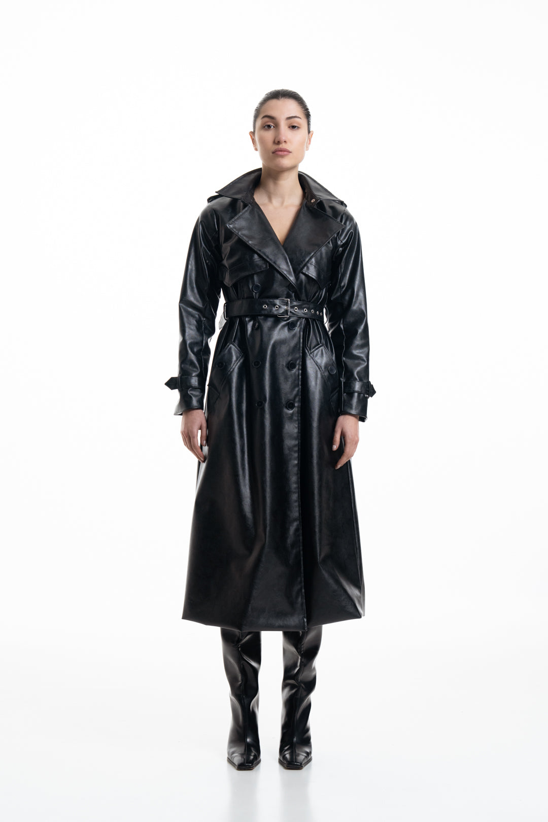 JET BLACK FAUX LEATHER TRENCH COAT – Sotbella - Main Image