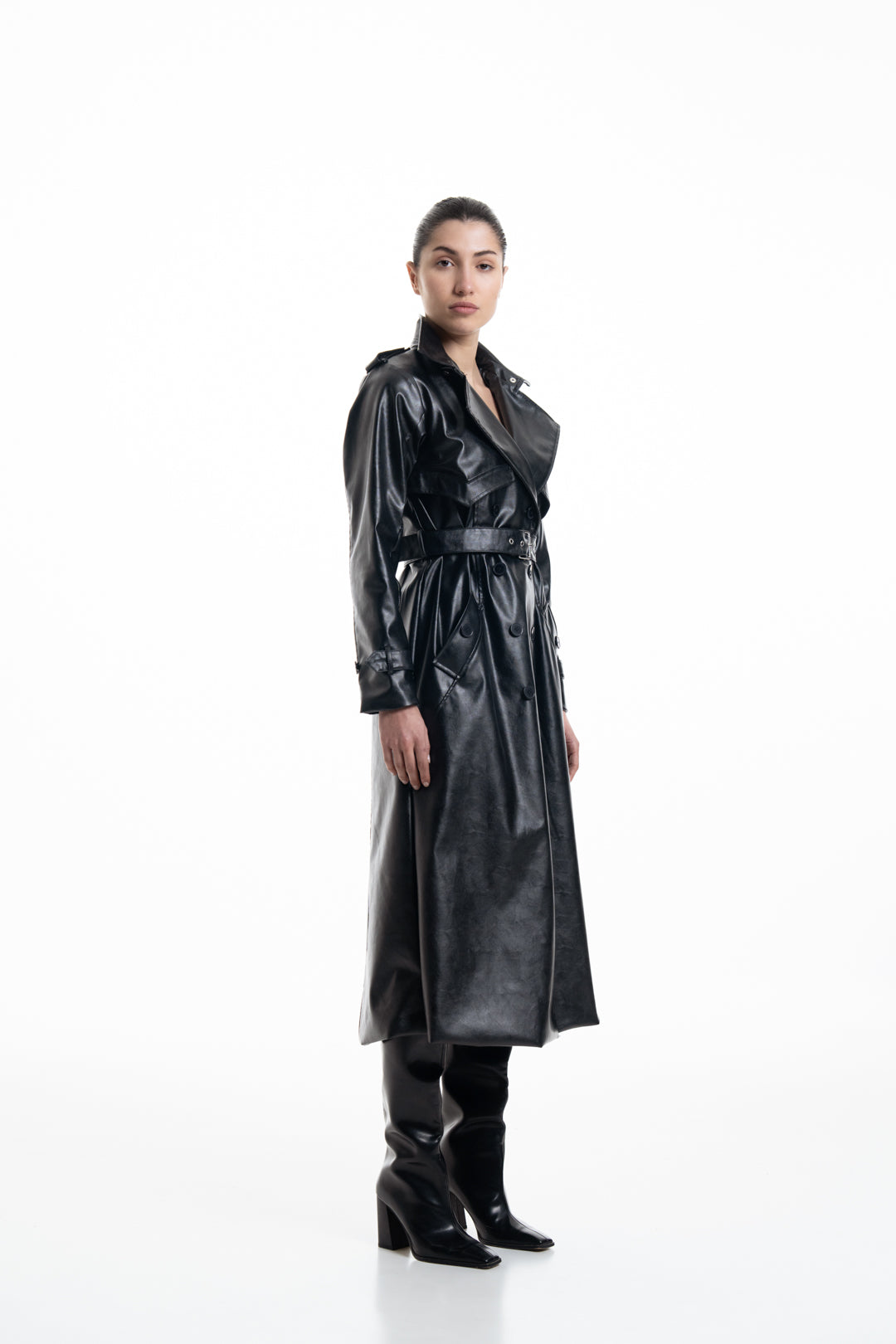 JET BLACK FAUX LEATHER TRENCH COAT