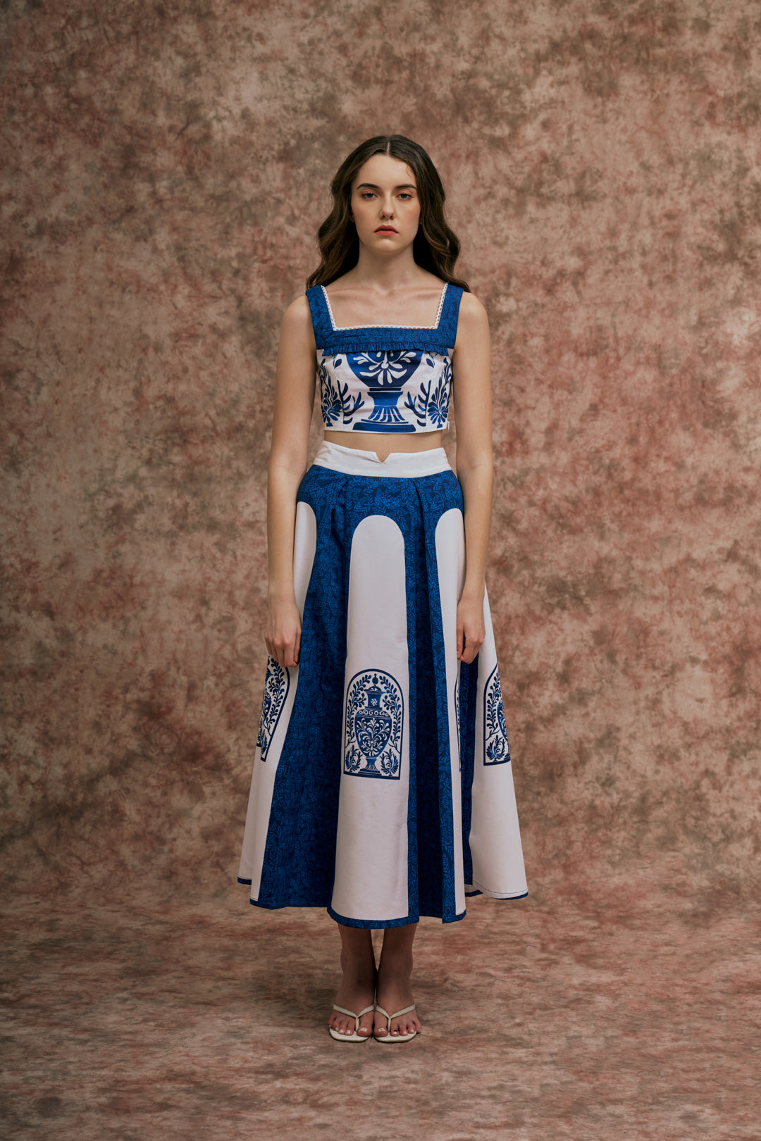 BLUE & WHITE STRUCTURED CROP TOP AND SKIRT SET