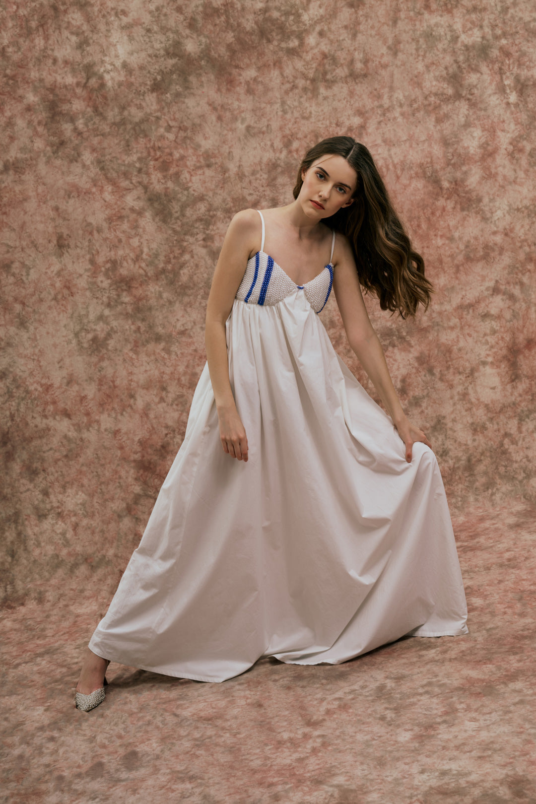 WHITE MAXI DRESS WITH PEARL DETAIL