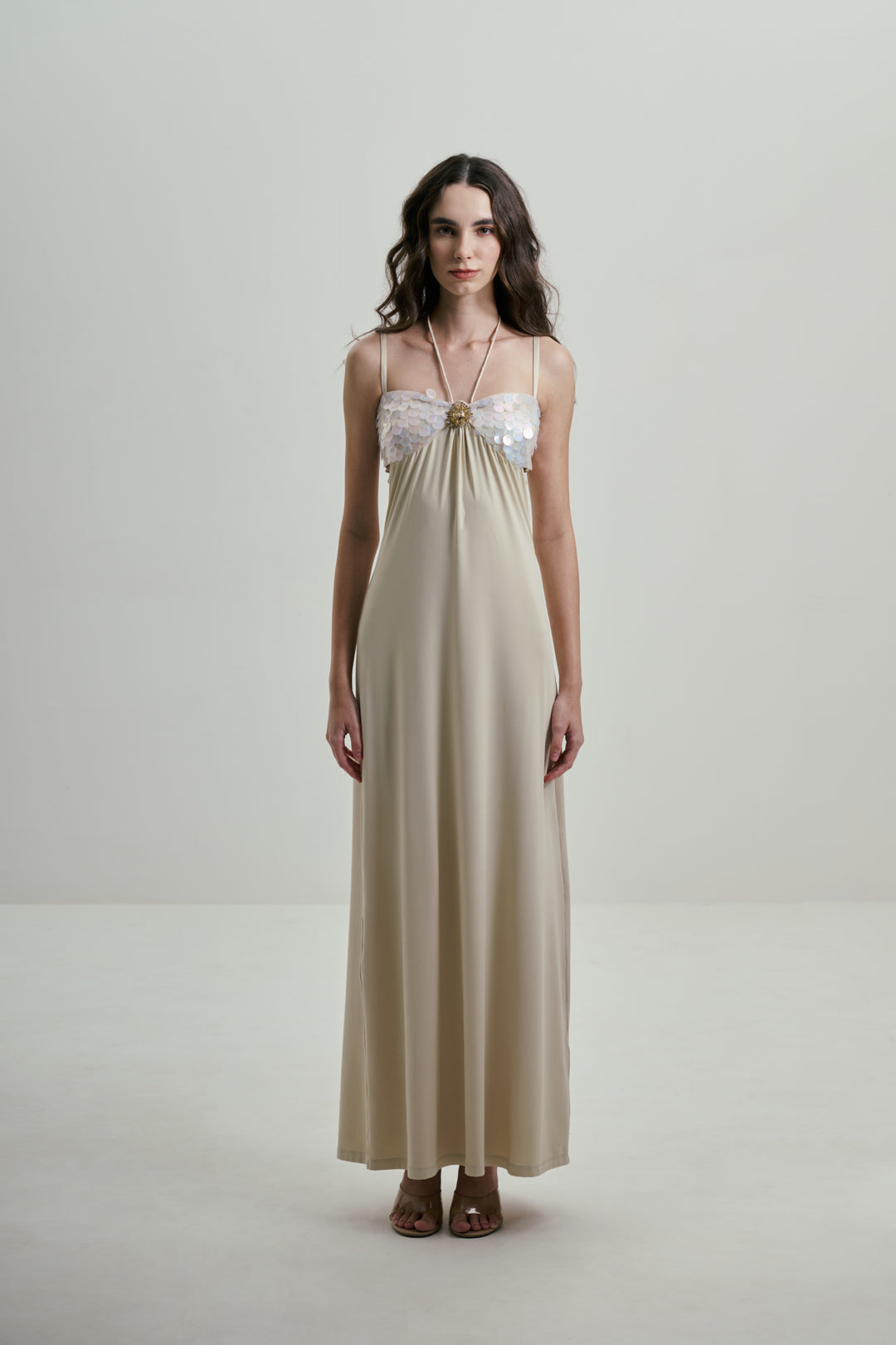IVORY MAXI DRESS WITH SEQUINS BUST DETAILS