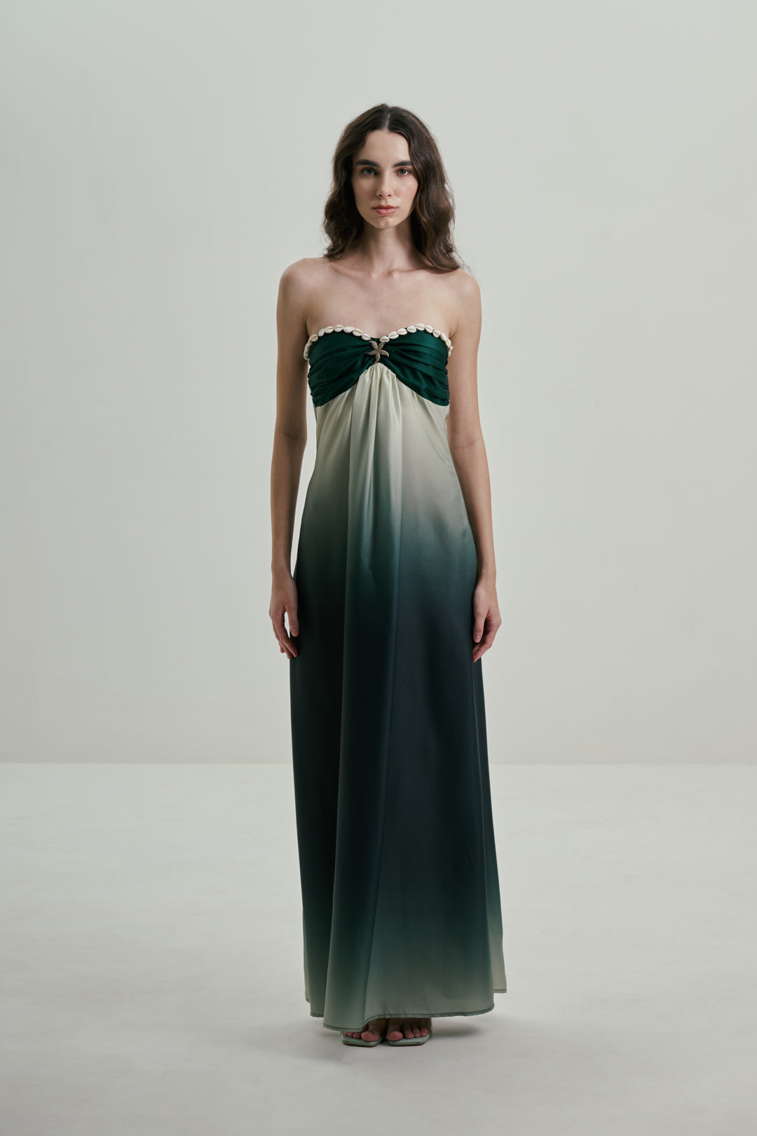 STRAPLESS OMBRE GREEN MAXI DRESS WITH COWRIE DETAIL