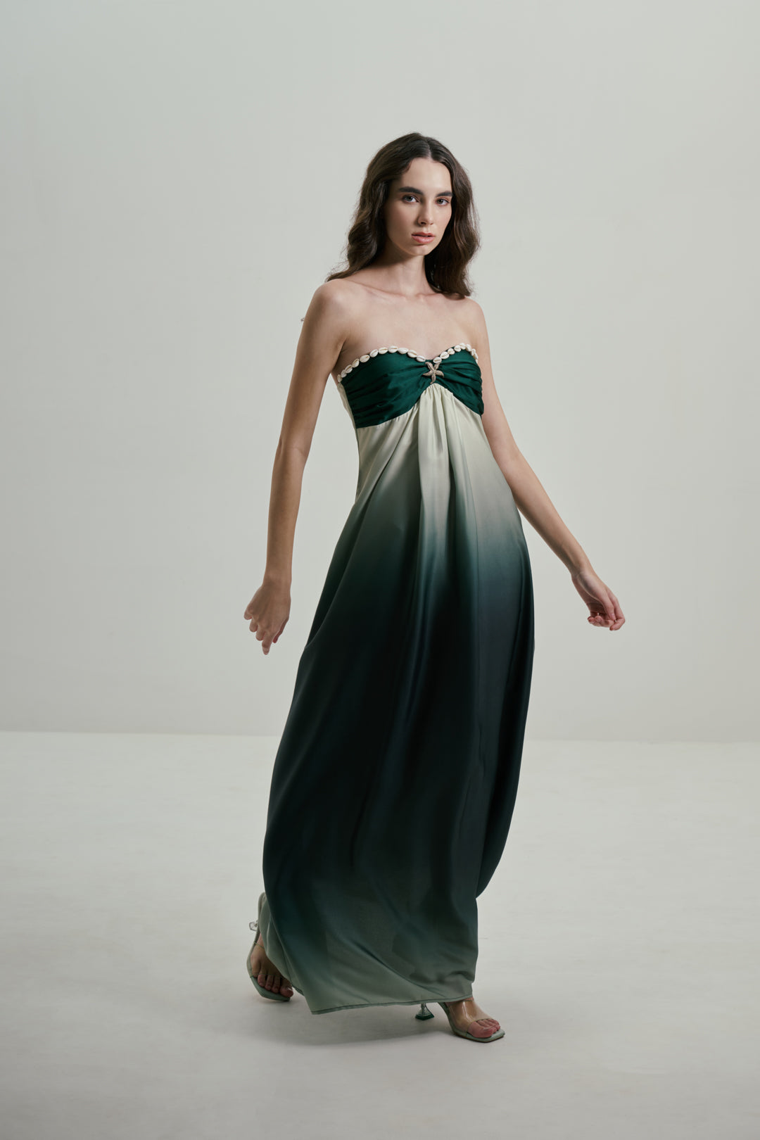 STRAPLESS OMBRE GREEN MAXI DRESS WITH COWRIE DETAIL