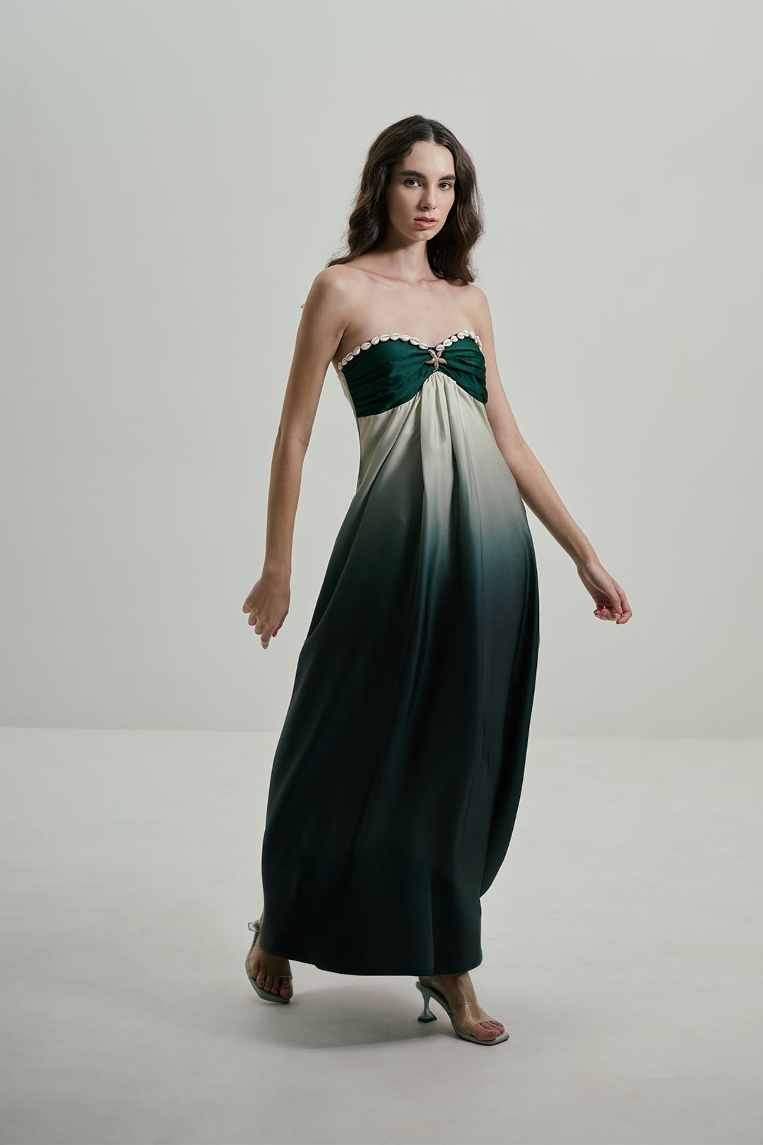 STRAPLESS OMBRE GREEN MAXI DRESS WITH COWRIE DETAIL