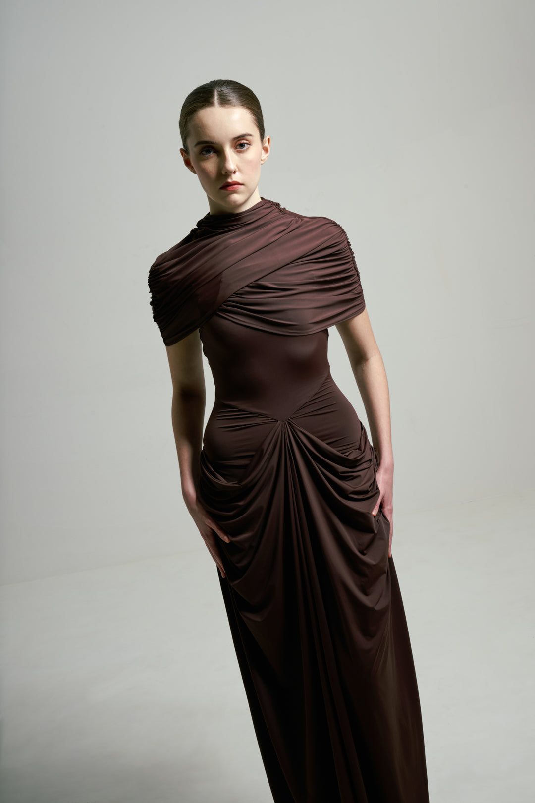 BROWN DRAPED GOWN WITH DETACHABLE CAPE