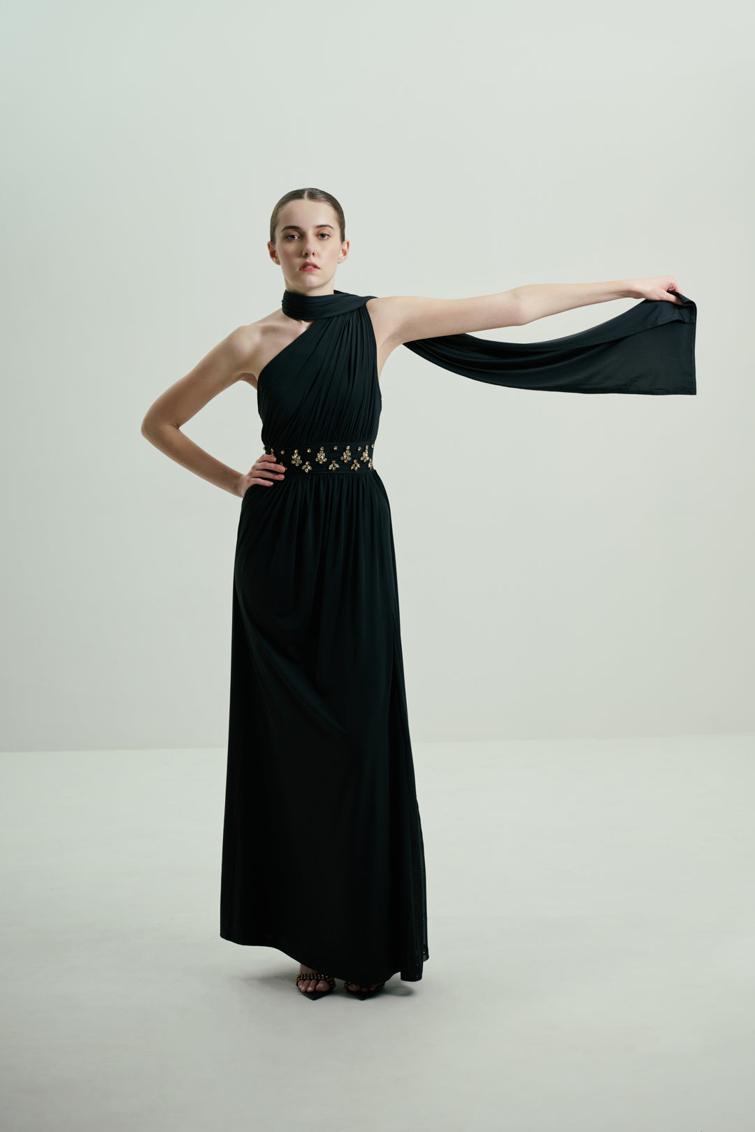 BLACK ONE-SHOULDER DRAPED GOWN WITH EMBELLISHED WAIST