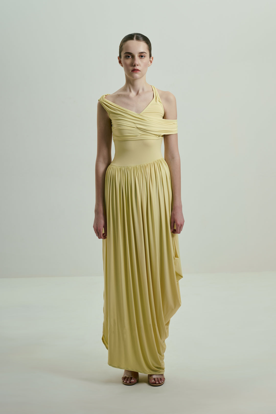 SOFT BUTTER YELLOW DRAPED MIDI DRESS WITH ASYMMETRIC NECKLINE