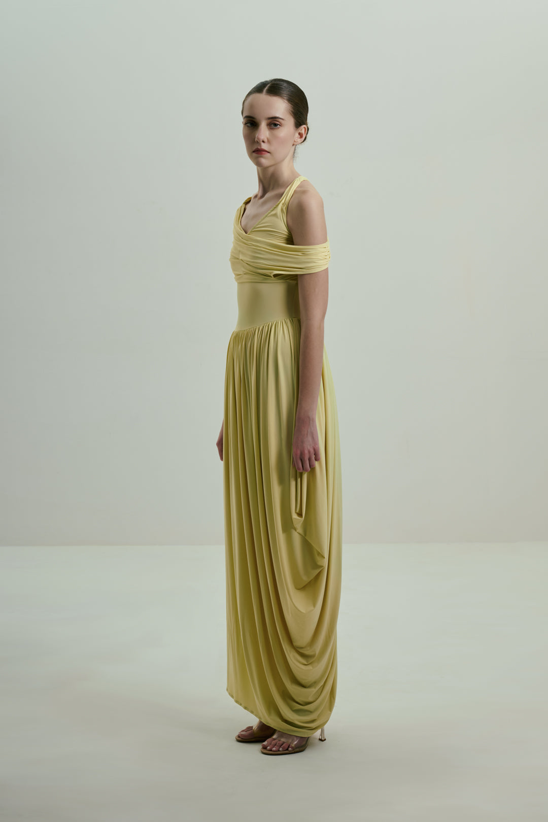 SOFT BUTTER YELLOW DRAPED MIDI DRESS WITH ASYMMETRIC NECKLINE