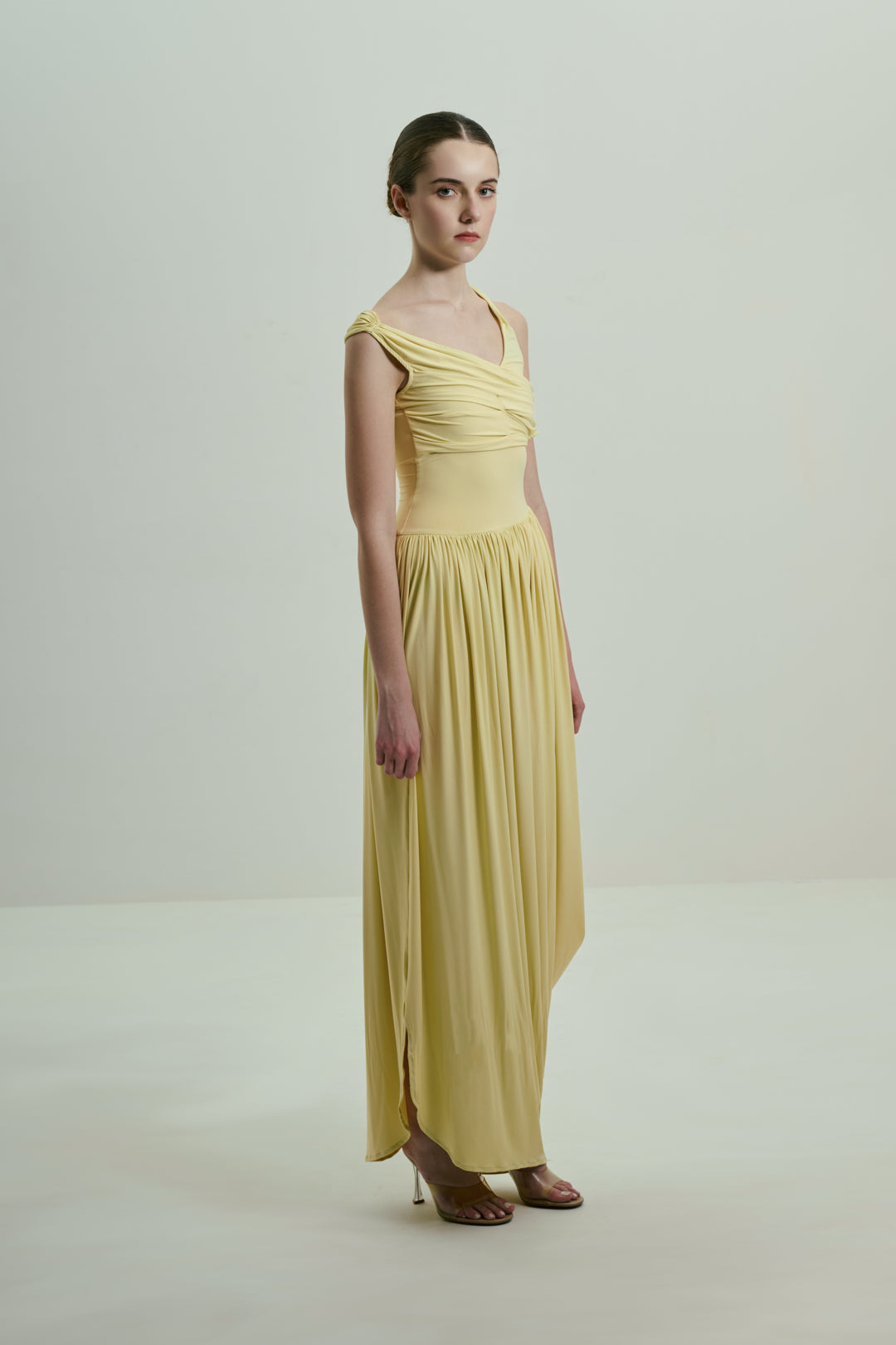 SOFT BUTTER YELLOW DRAPED MIDI DRESS WITH ASYMMETRIC NECKLINE