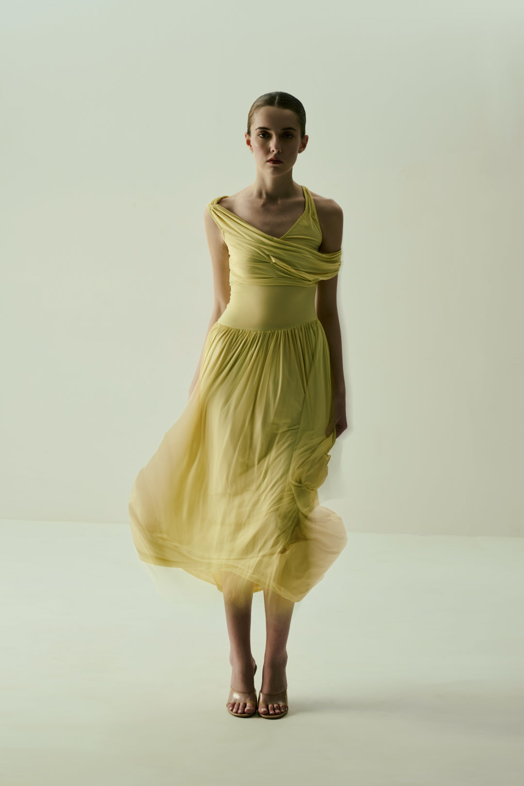 SOFT BUTTER YELLOW DRAPED MIDI DRESS WITH ASYMMETRIC NECKLINE