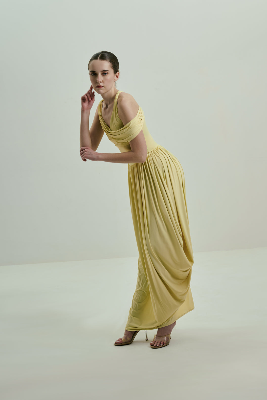 SOFT BUTTER YELLOW DRAPED MIDI DRESS WITH ASYMMETRIC NECKLINE