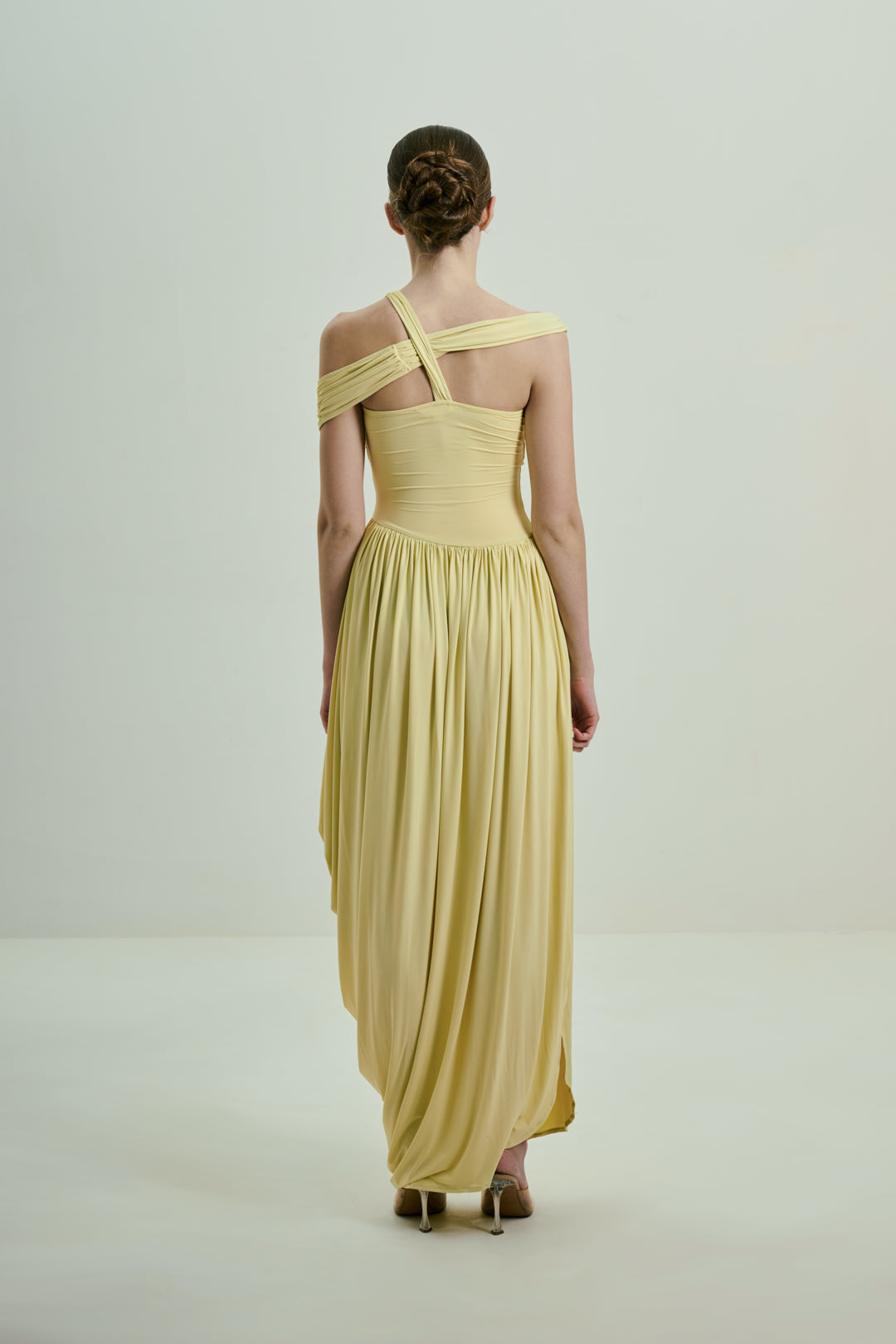 SOFT BUTTER YELLOW DRAPED MIDI DRESS WITH ASYMMETRIC NECKLINE