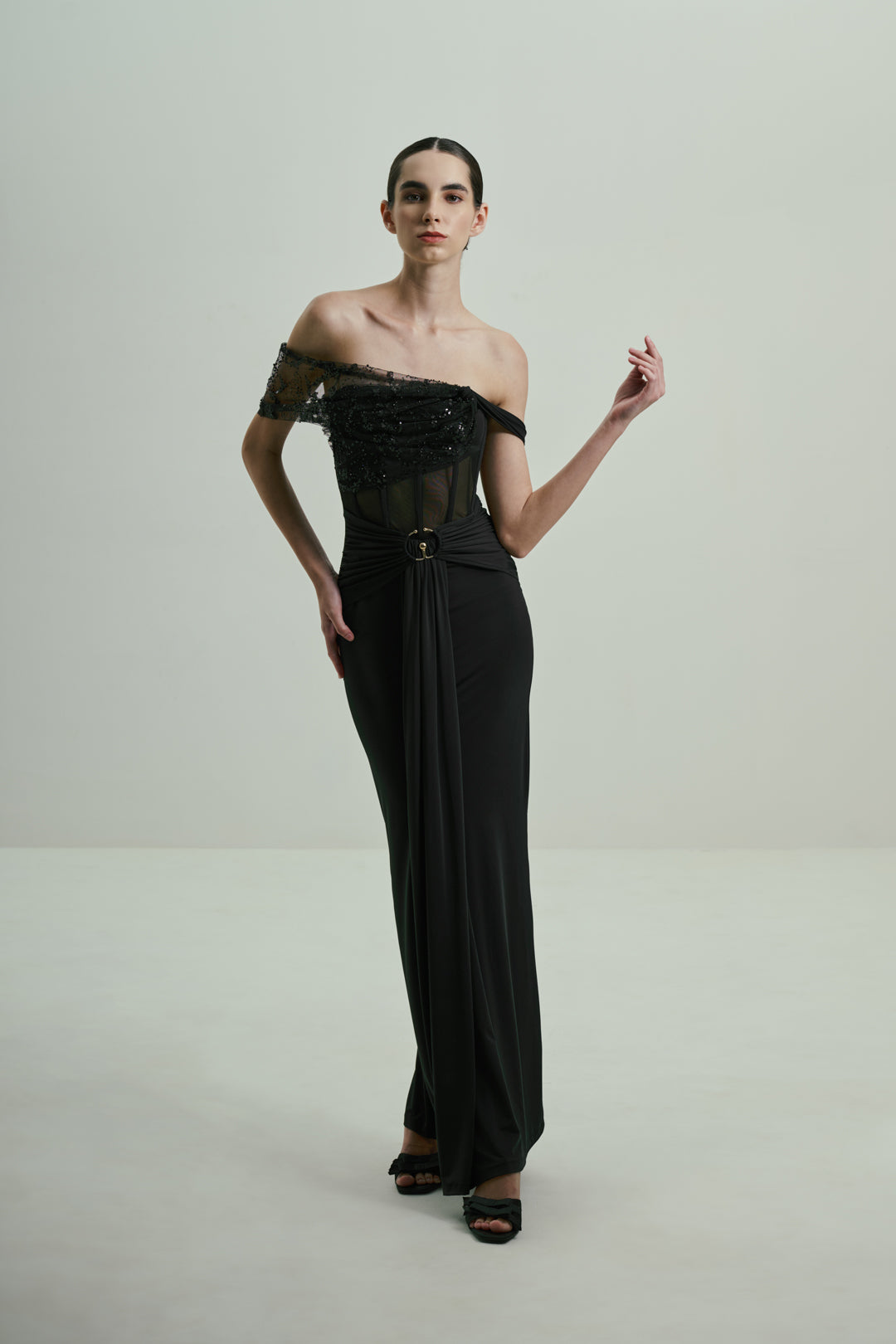 BLACK SEQUINED OFF-SHOULDER GOWN