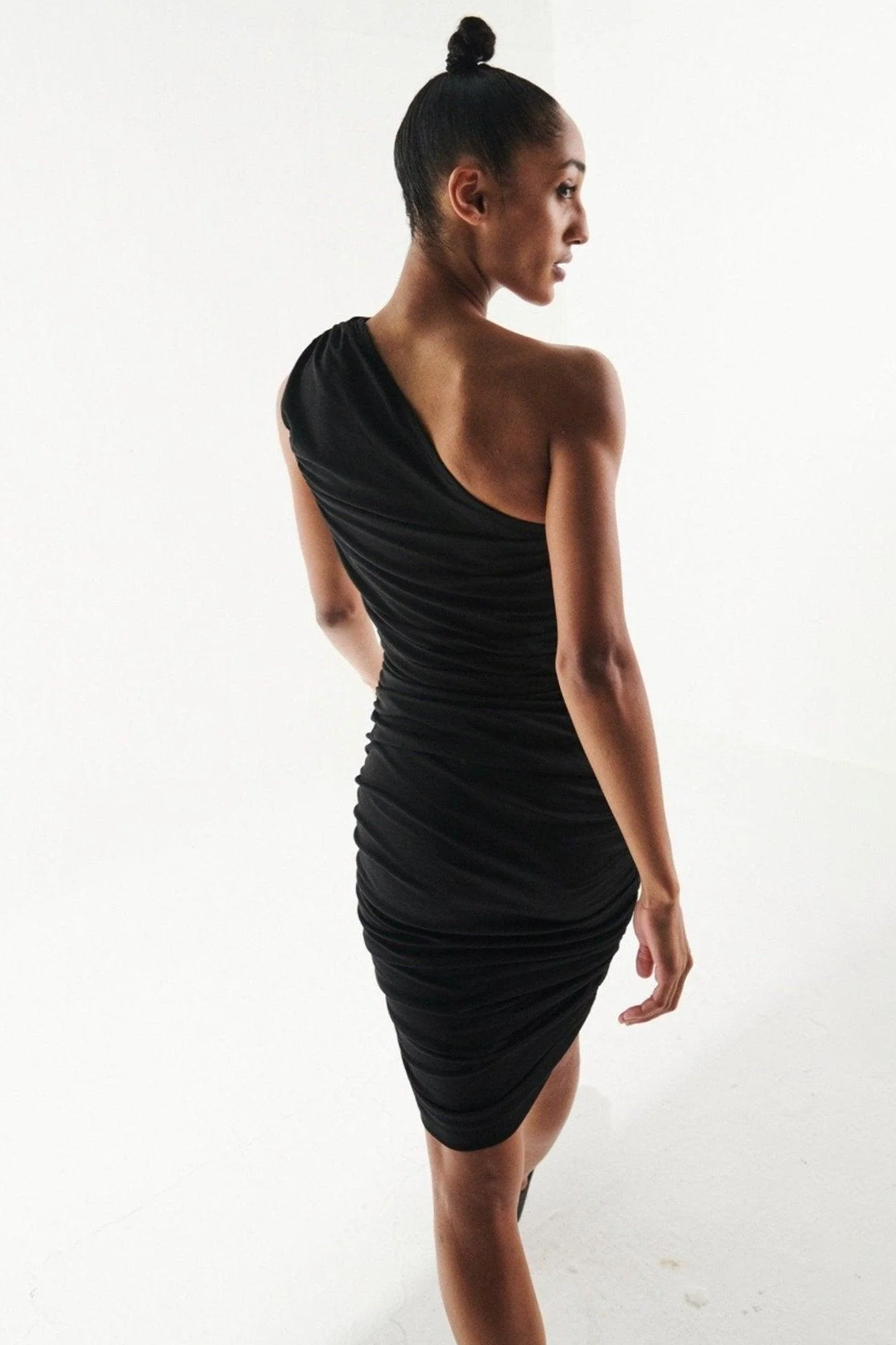 Black Ruched One Shoulder Dress