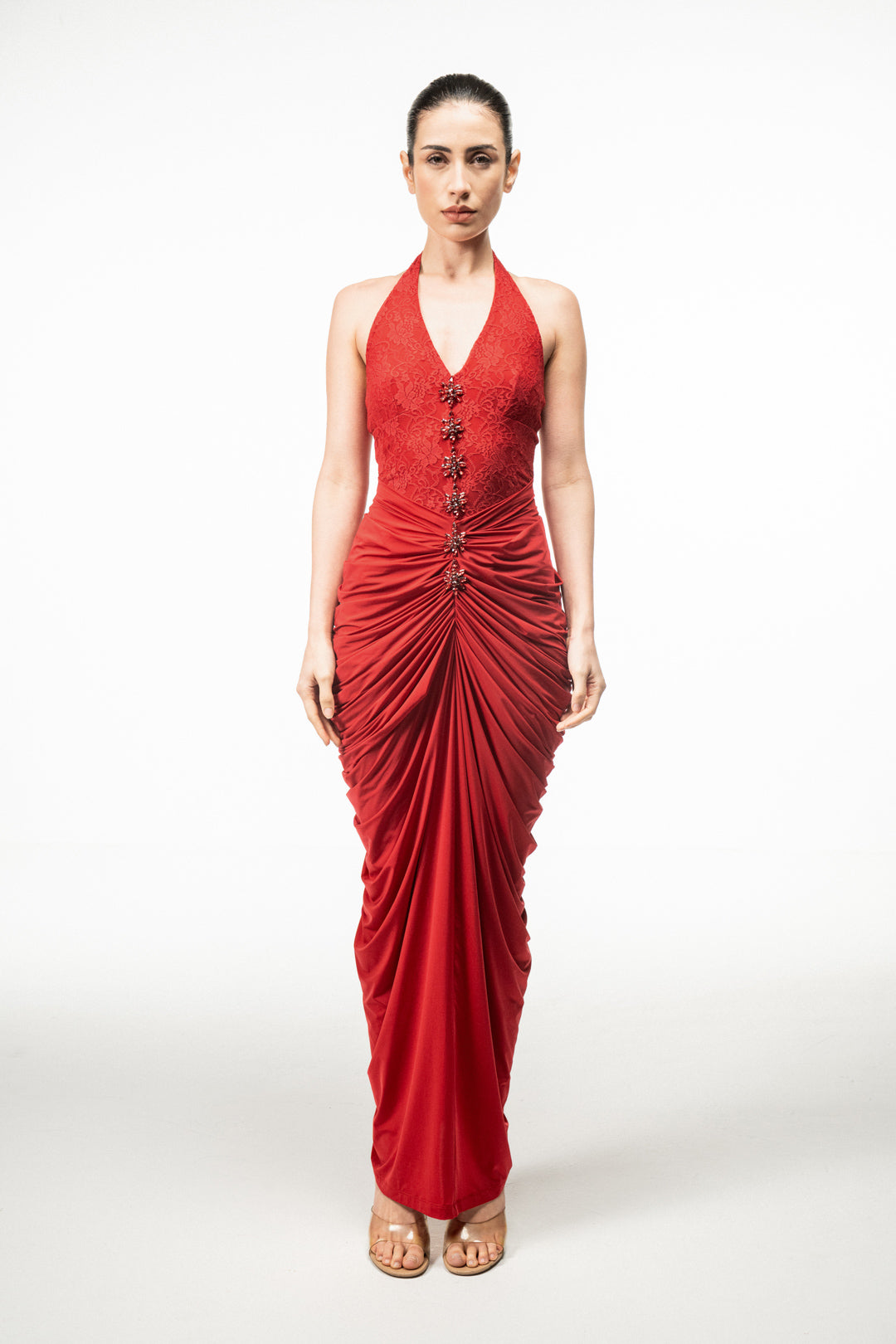 RED HALTER NECK DRAPED MAXI DRESS