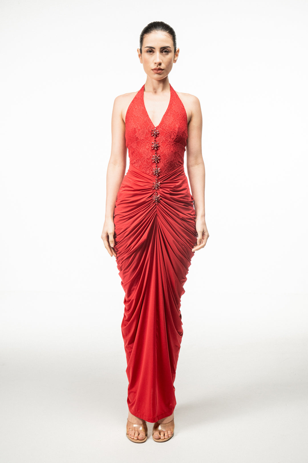 RED HALTER NECK DRAPED MAXI DRESS