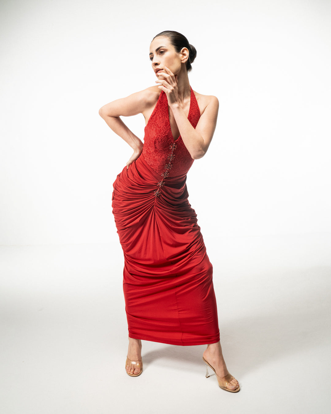 RED HALTER NECK DRAPED MAXI DRESS