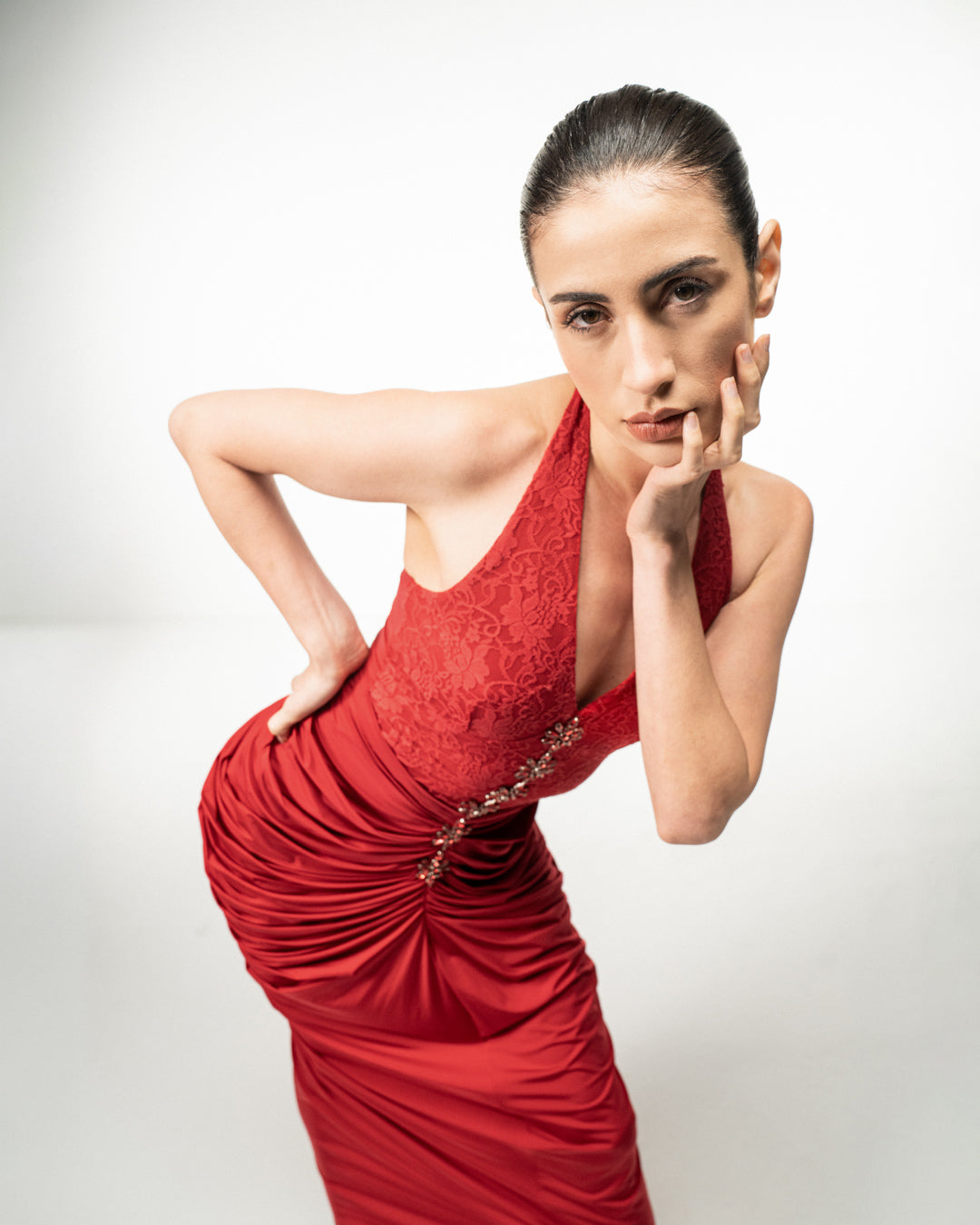 RED HALTER NECK DRAPED MAXI DRESS