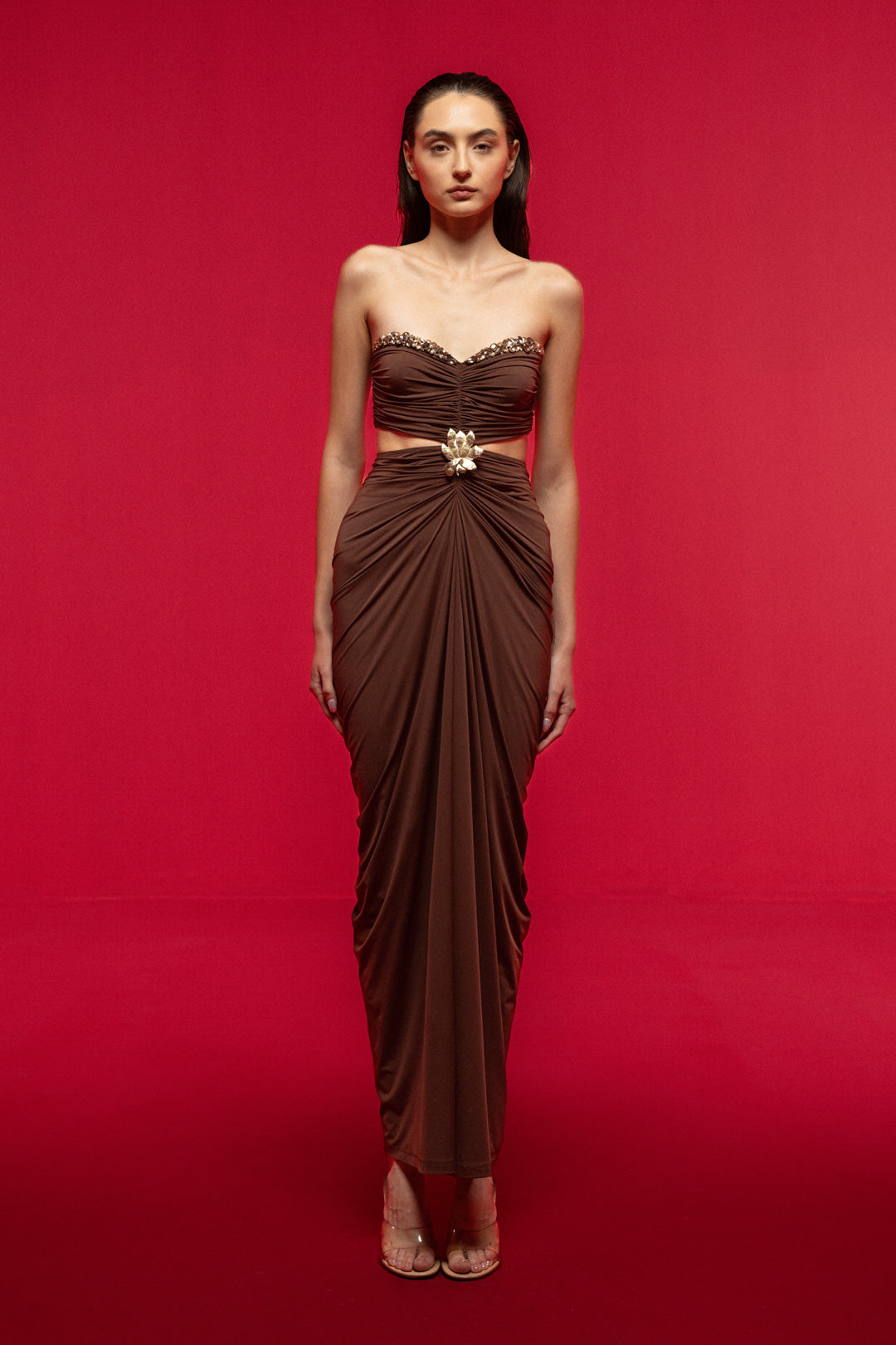 DRAPED BROWN MAXI DRESS WITH SIDE CUT-OUTS